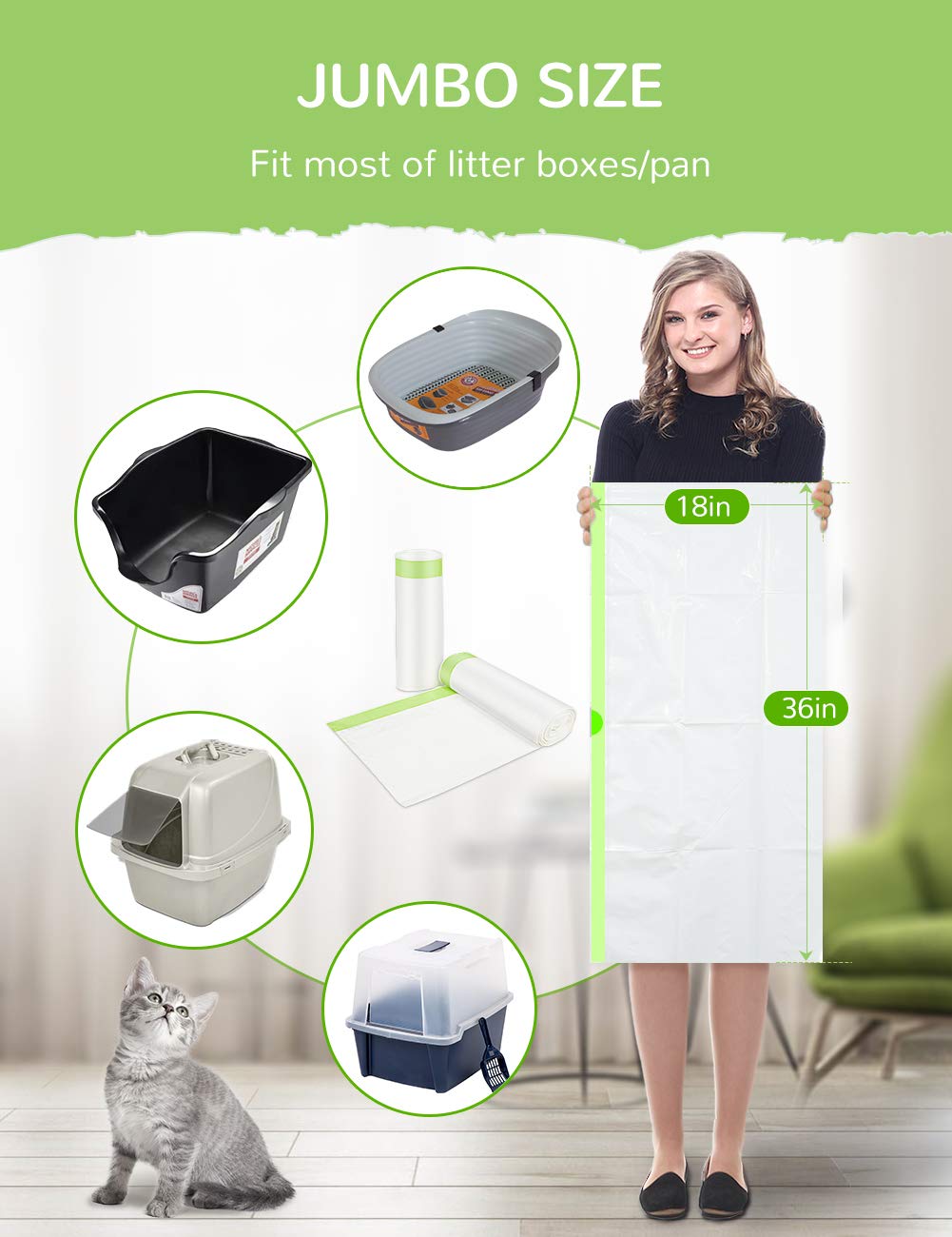 Petocat Cat Litter Liners Large, Jumbo Drawstring Extra Durable Pet Cat Pan Liners Extra-Thick Kitty Litter Box Bag-24 Count 36' X 19'