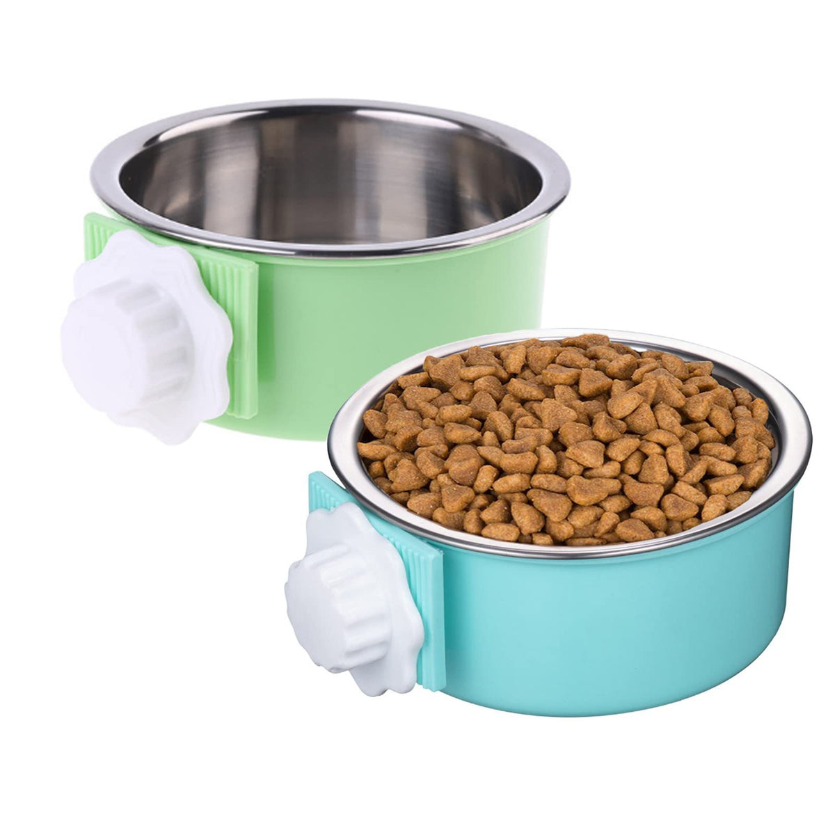 Mechpia 2 Pieces Crate Dog Bowl, Removable Stainless Steel Pet Kennel Hanging Food Water Feeder Bowl Cage Coop Cup For Puppy Medium Dog Cat Rabbit Ferret Bird (Blue,Green)