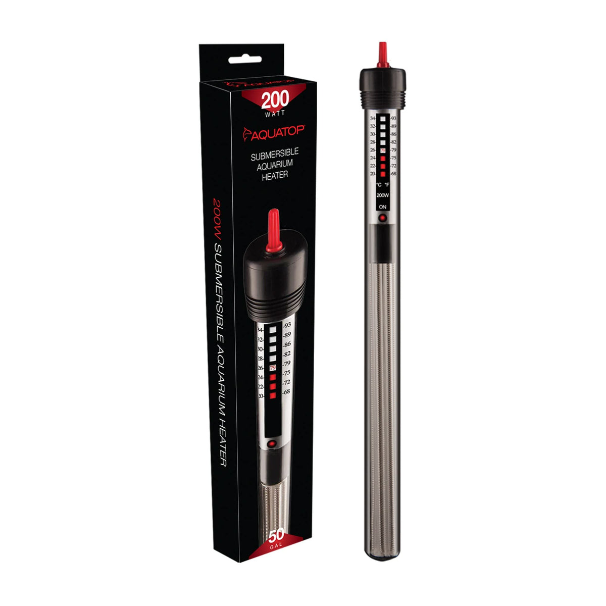 Aquatop 200W Aquarium Submersible Glass Heater - Fully Submersible For Fish Tanks Up To 50 Gallons, 68-93F Adjustable Temperatur
