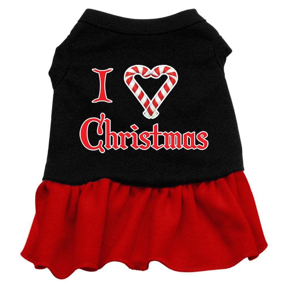 Christmas Pet Dog & Cat Dress Screen Printed, I Love Christmas Black W/Light Pink SM (3-6 lbs.)