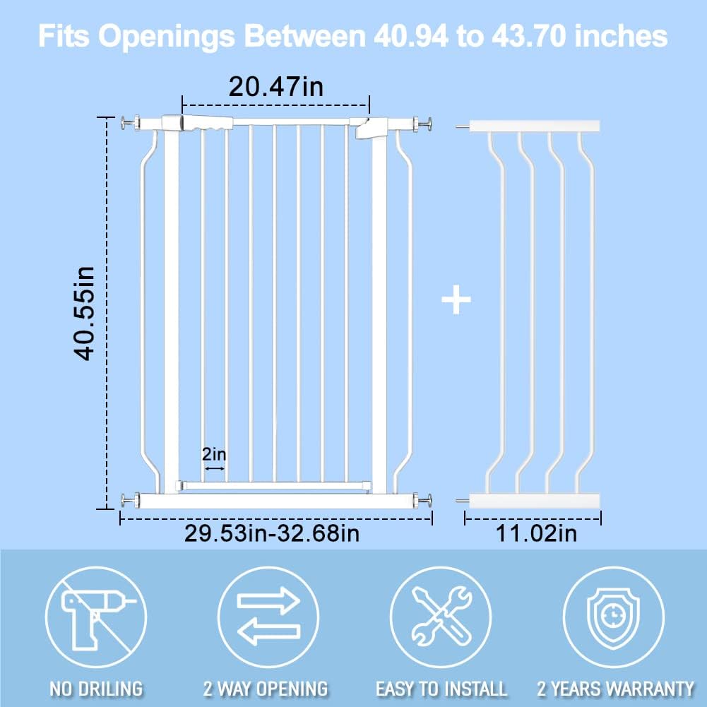 WAOWAO Extra Tall 40.55'' Baby Gate 57.48-74.4'' Wide Pressure Mounted Walk Through Swing Auto Close Safety White Metal Toddler
