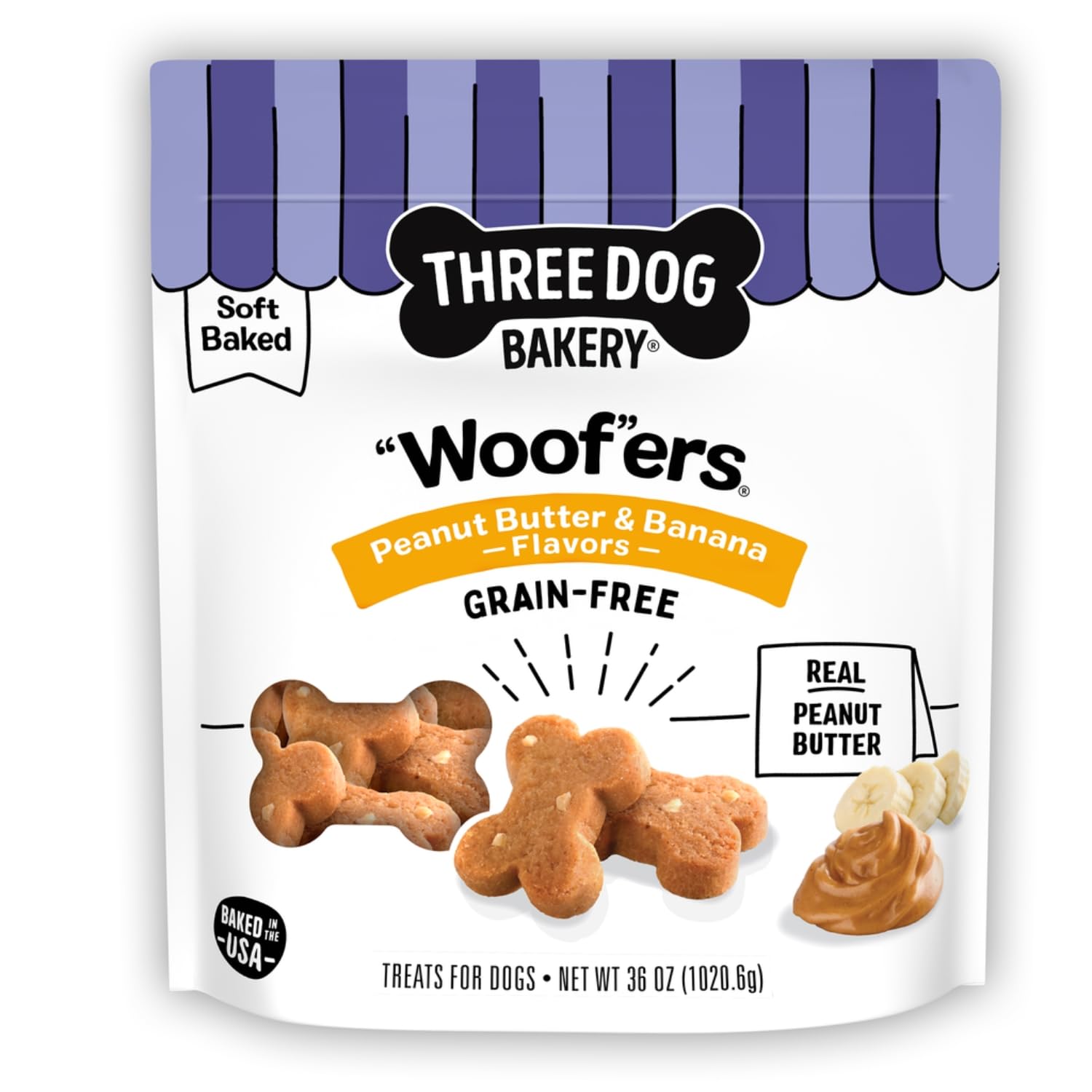 Three Dog Bakery Grain-Free Woof   ers, Peanut Butter & Banana Flavor - Grain-Free Dog Treat, Cookies for Dog Training Treats, P