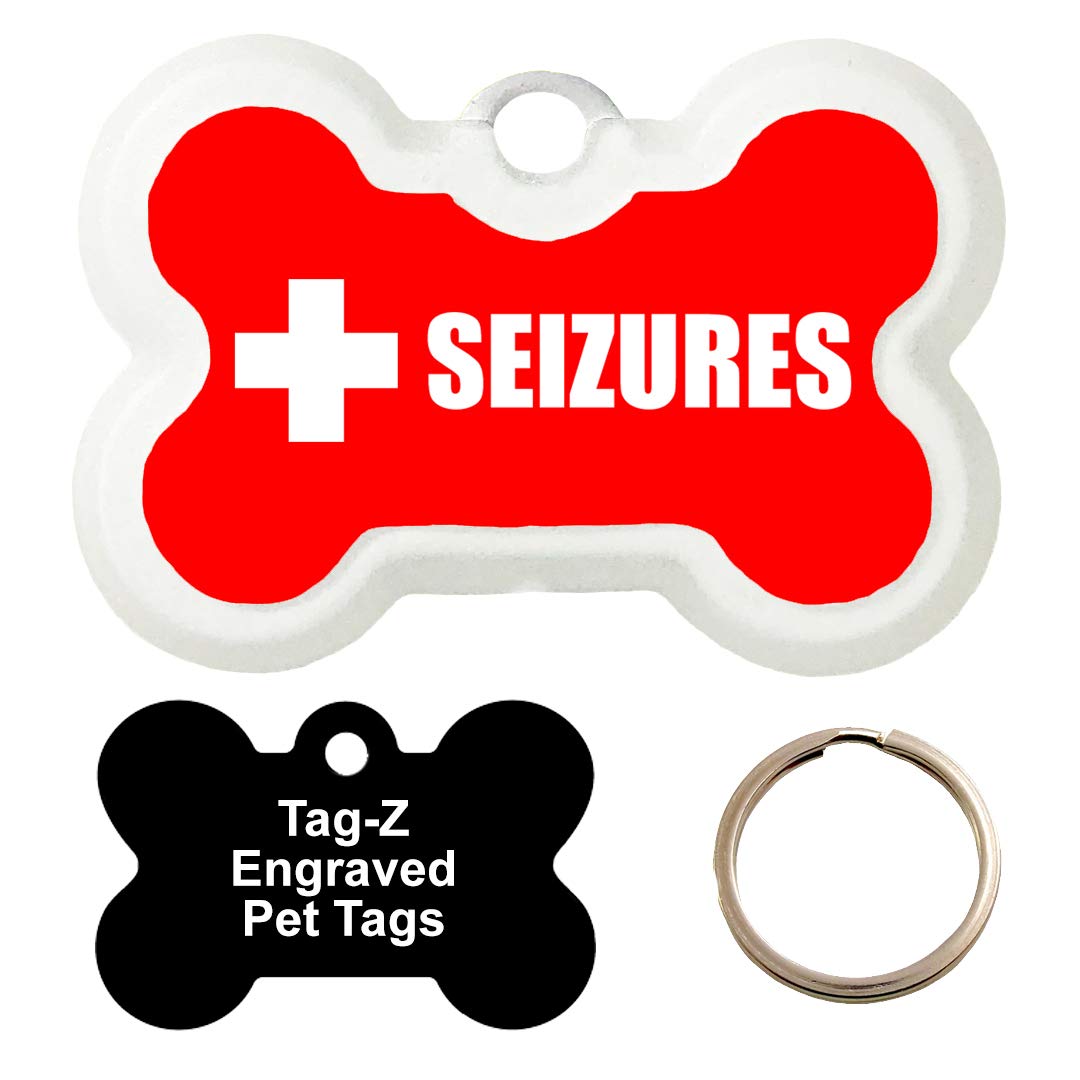 Seizures Medical Alert Pet Id Tags, Custom Printed And Laser Engraved, Stainless Steel Bone Shape Includes Split Ring And Silencer