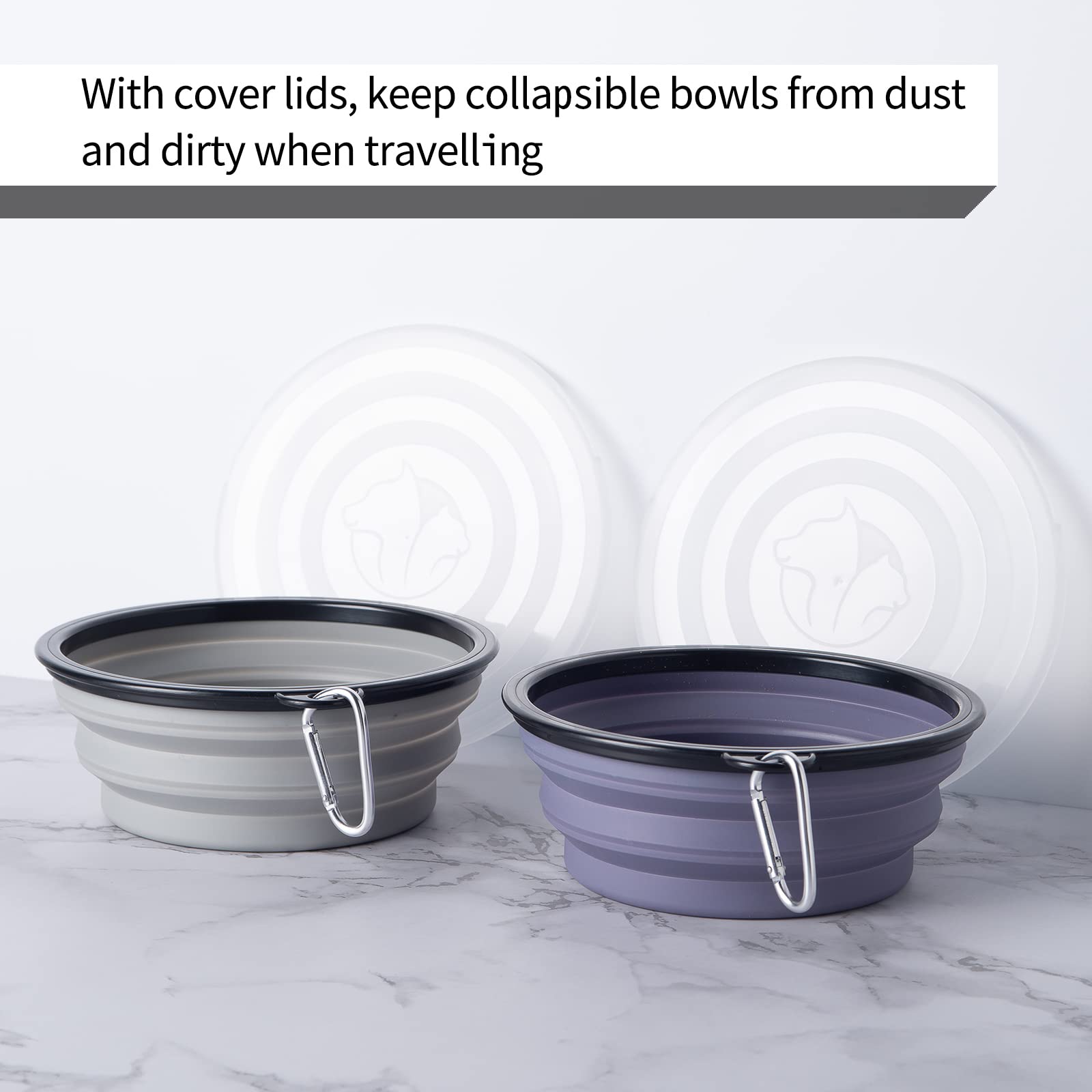 Slson Dog Bowls Pet Collapsible Bowl With Cover Lids,2 Pack Dog Travel Bowls Portable Foldable Cat Water Dish Bowl For Pets Walking Parking Camping (Taro Purple And Concrete Gray, Large)