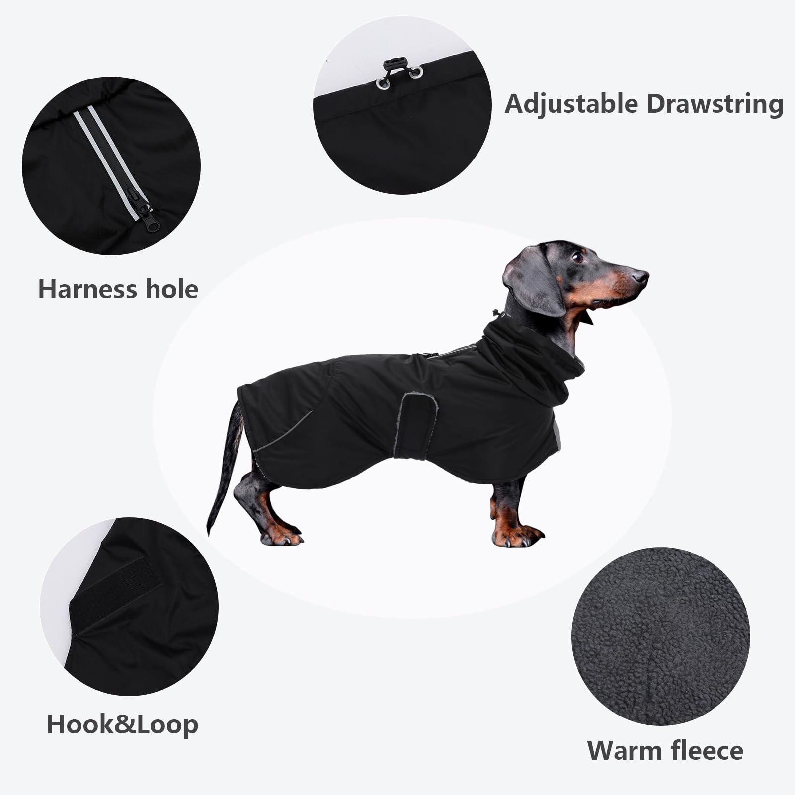 Dachshund Coats Waterproof, Perfect For Dachshunds, Sausage, Weiner Dog Winter Coat With Padded Fleece, Puppy Snowsuit With Adjustable Bands And High Vis Reflective Trim - Black - Xs