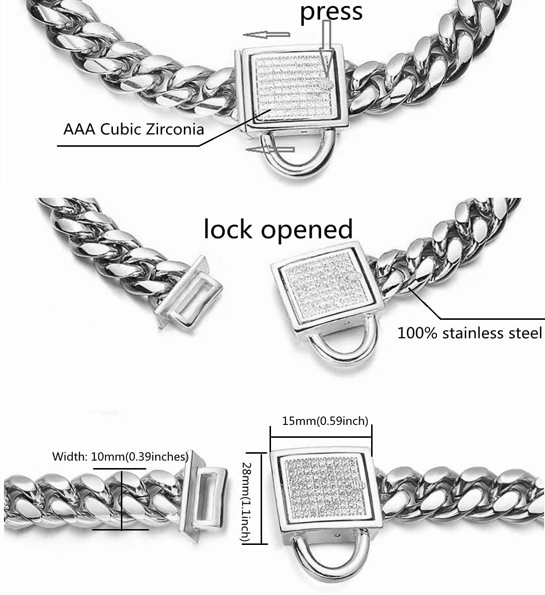Aiyidi Dog Chain Collar 10Mm Wide Cuban Link Puppy Collar 316L Stainless Steel With Cz Diamond Lock Bling Collar For Large Dogs(