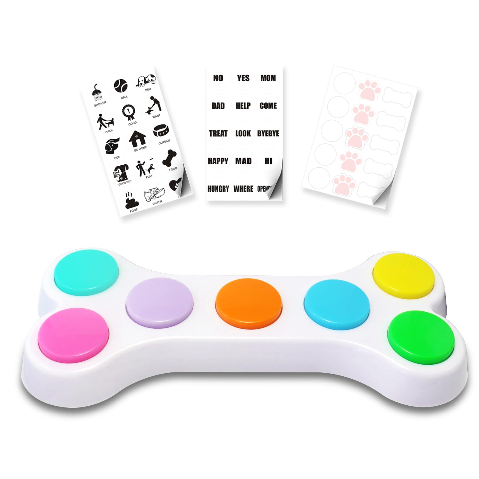 Dog Talking Buttons With White Bone Board - 7 Recordable Color Buttons For Pet Training - Includes Stickers & Batteries - For Sm