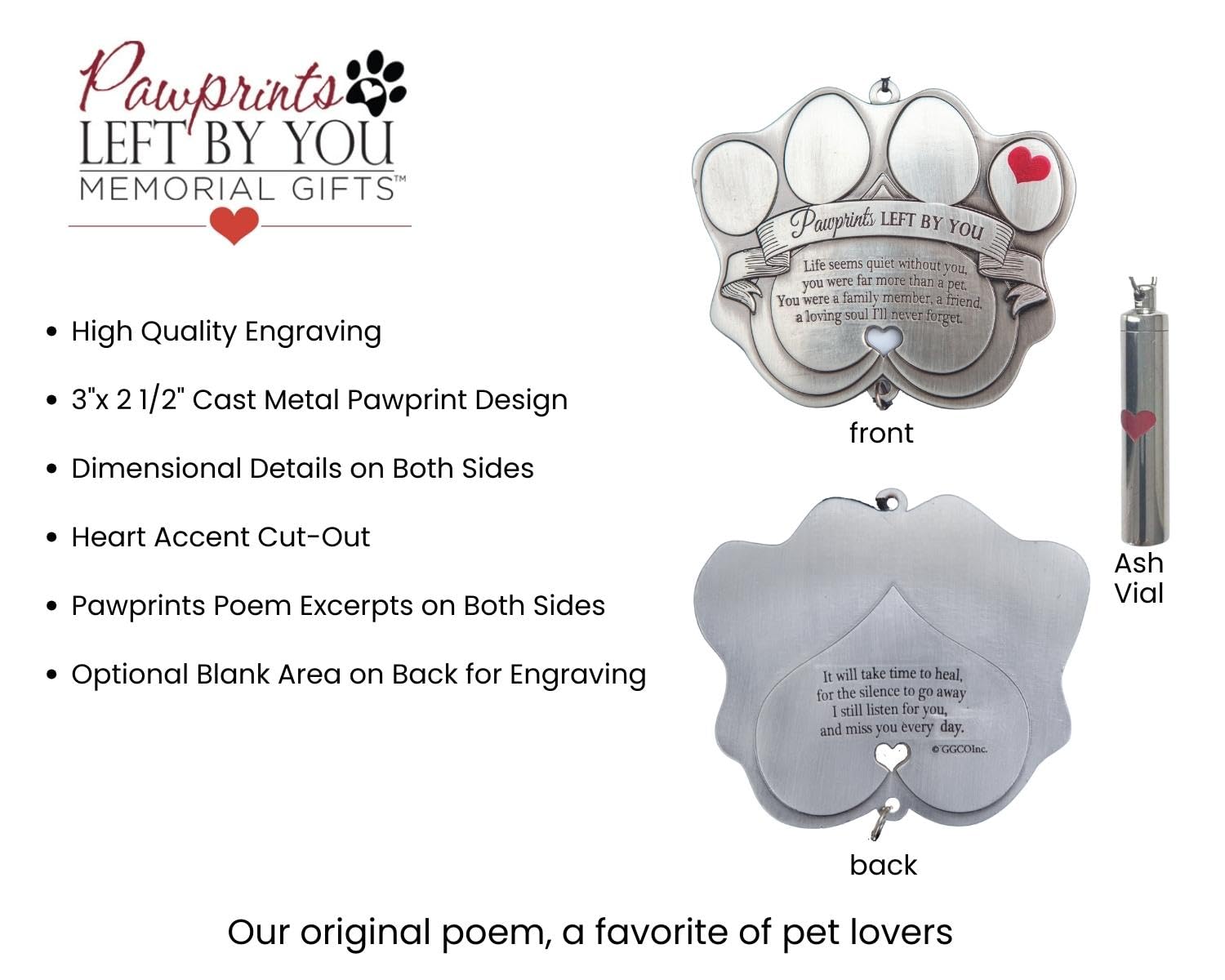 Pet Memorial Ornament - 3' Metal Casted Paw Print Design Ornament With Ash Vial - Beautiful Remembrance Gift For A Grieving Pet Owner - Includes Pawprints Left By You Poem Card