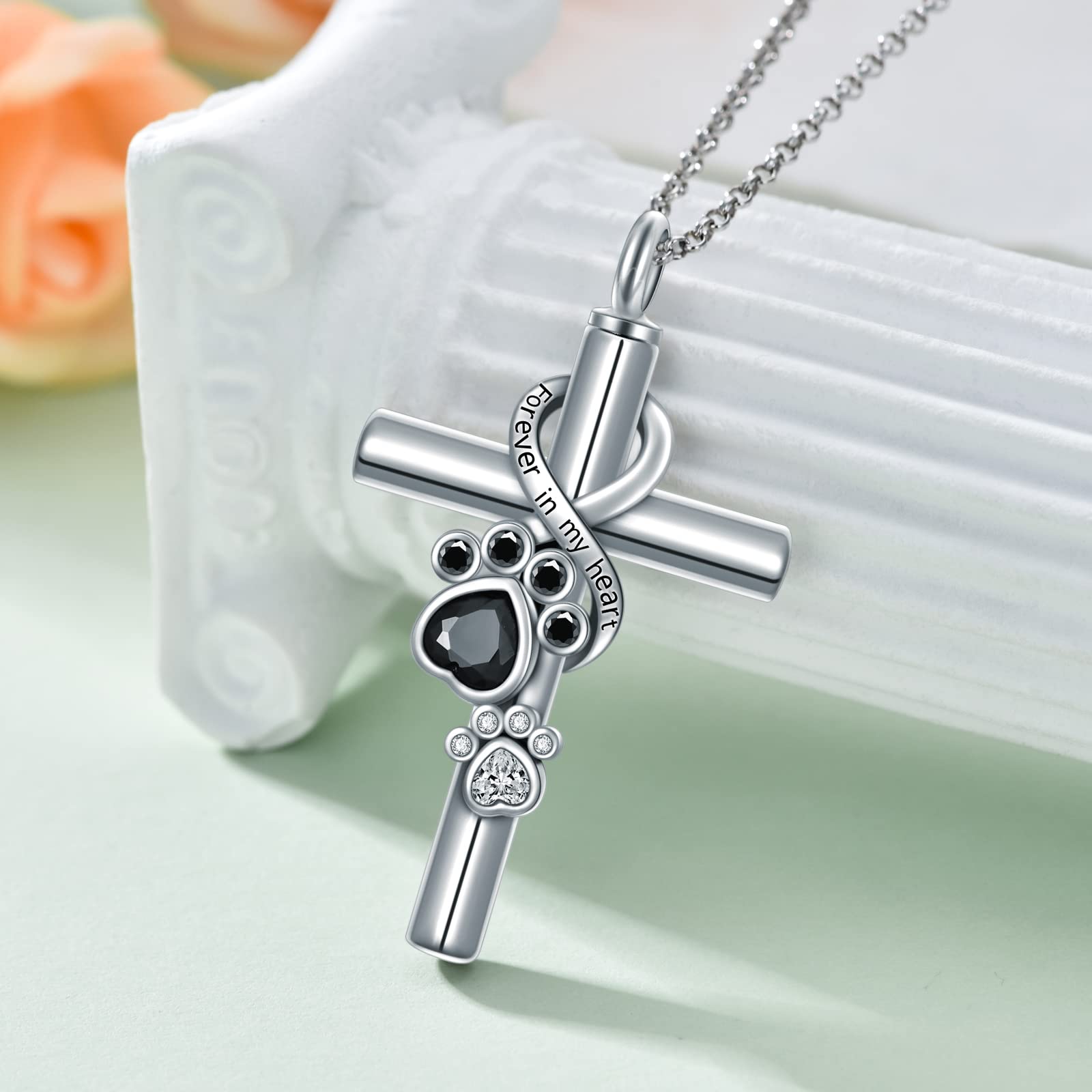 Flpruy Pet Cremation Jewelry - Animal Paw Print Memorial Cross Ashes Necklaces For Dog, Cat, Forever In My Heart
