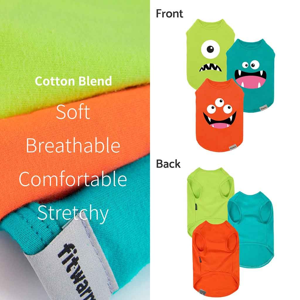 Fitwarm 3 Pack Monster Dog Shirt, Lightweight Funny Dog Tshirt, Summer Clothes For Small Dogs Boy Girl, Pet Outfit, Orange, Gree