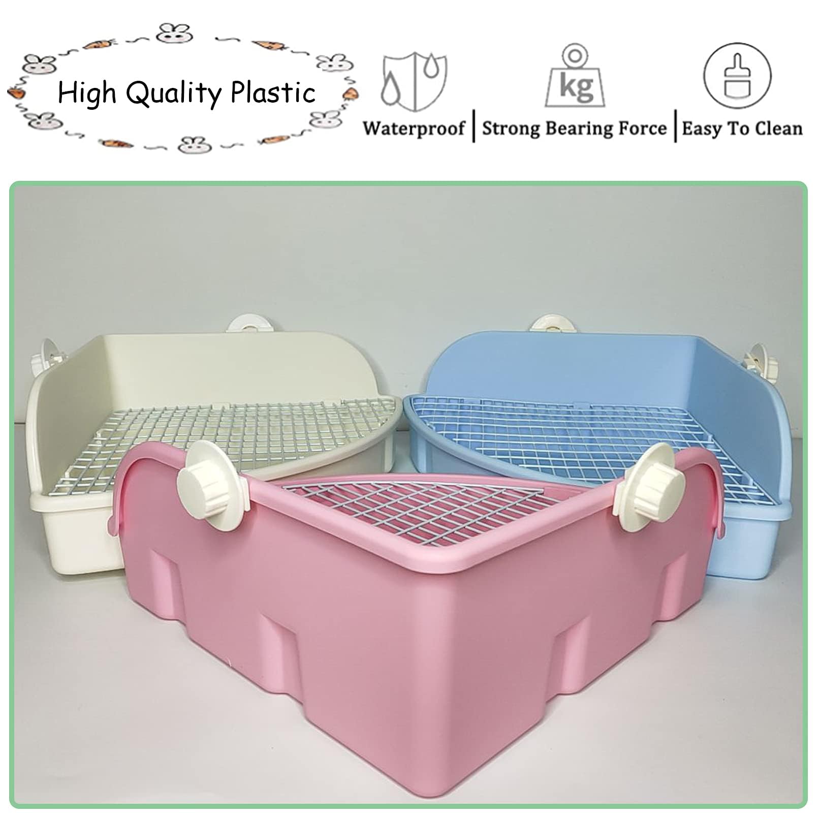 Pinvnby Extra Large Corner Litter Box For Rabbits, Guinea Pigs, Ferrets | 18.3' Fan-Shaped Potty Trainer With Anti-Spill Guard, Durable Plastic & Cage Clips | Easy-Clean Small Animal Toilet Pan (Blue)