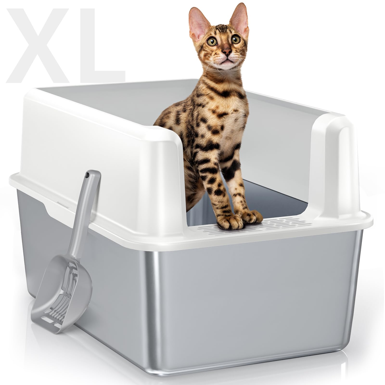 Stainless Steel Litter Box With Lid, 14    Xl Stainless Steel Cat Litter Box Enclosure, Extra Large Metal Cat Box, Non-Sticky, A