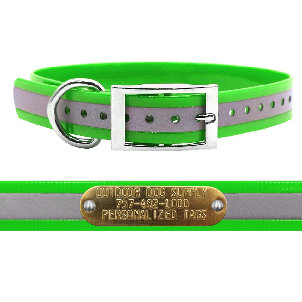 Outdoor Dog Supply'S 1' Wide Reflective D Ring Dog Collar Strap With Custom Brass Name Plate (19' Long, Reflective Lime Green)