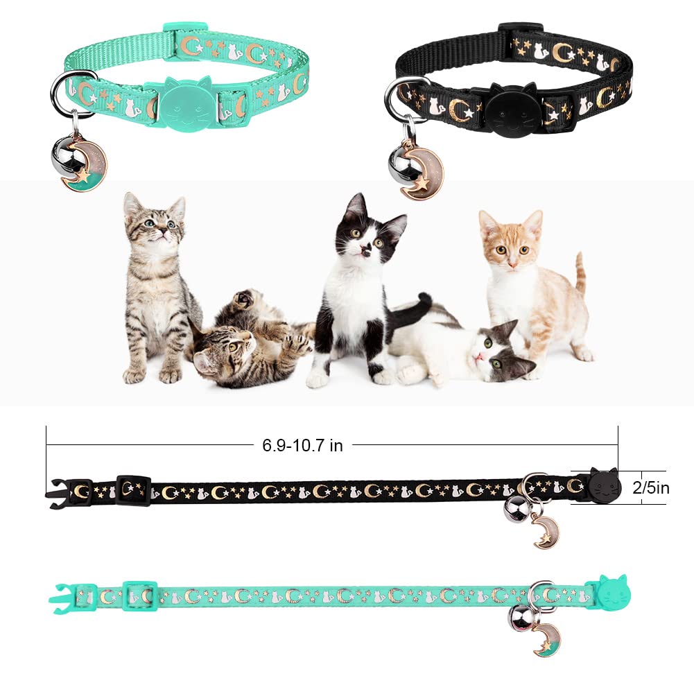 2Pcs Breakaway Cat Collars With Bell Moons Stars Cute Kitty Adjustable Safe Kitten Collars With Pendant Glow In The Dark(Black&T