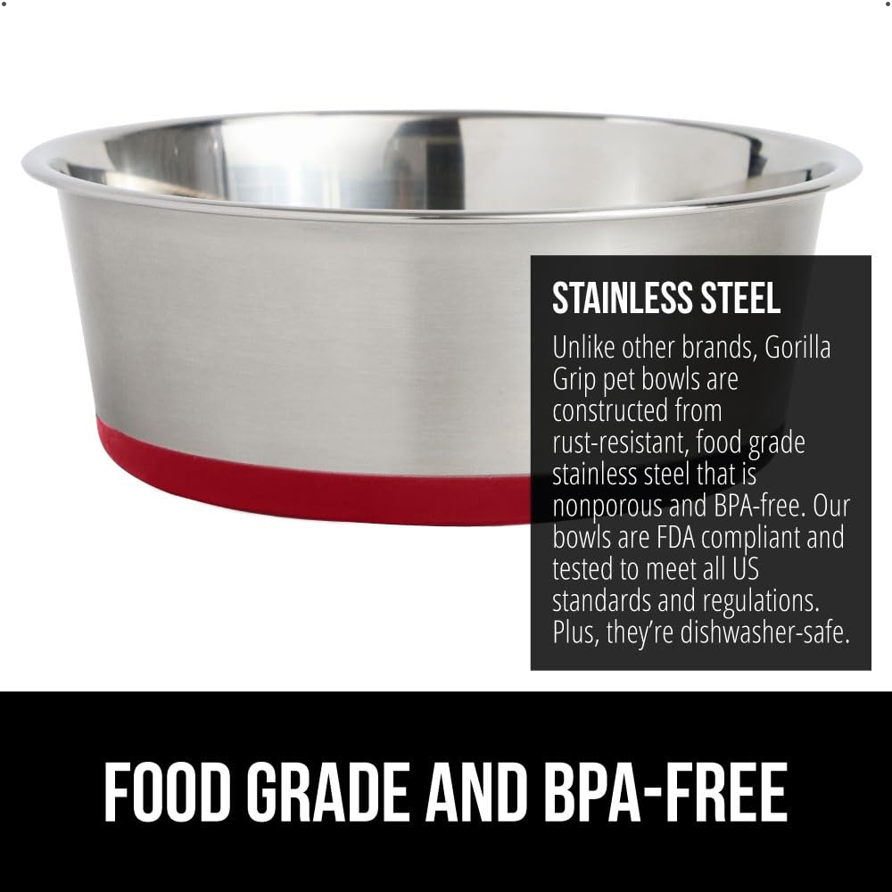 GORILLA GRIP Set of 2 Dog Bowls, Holds 4 Cups (32 fl oz), Heavy Duty Metal Food and Water Bowl for Feeding Dogs and Cats, Dishwa