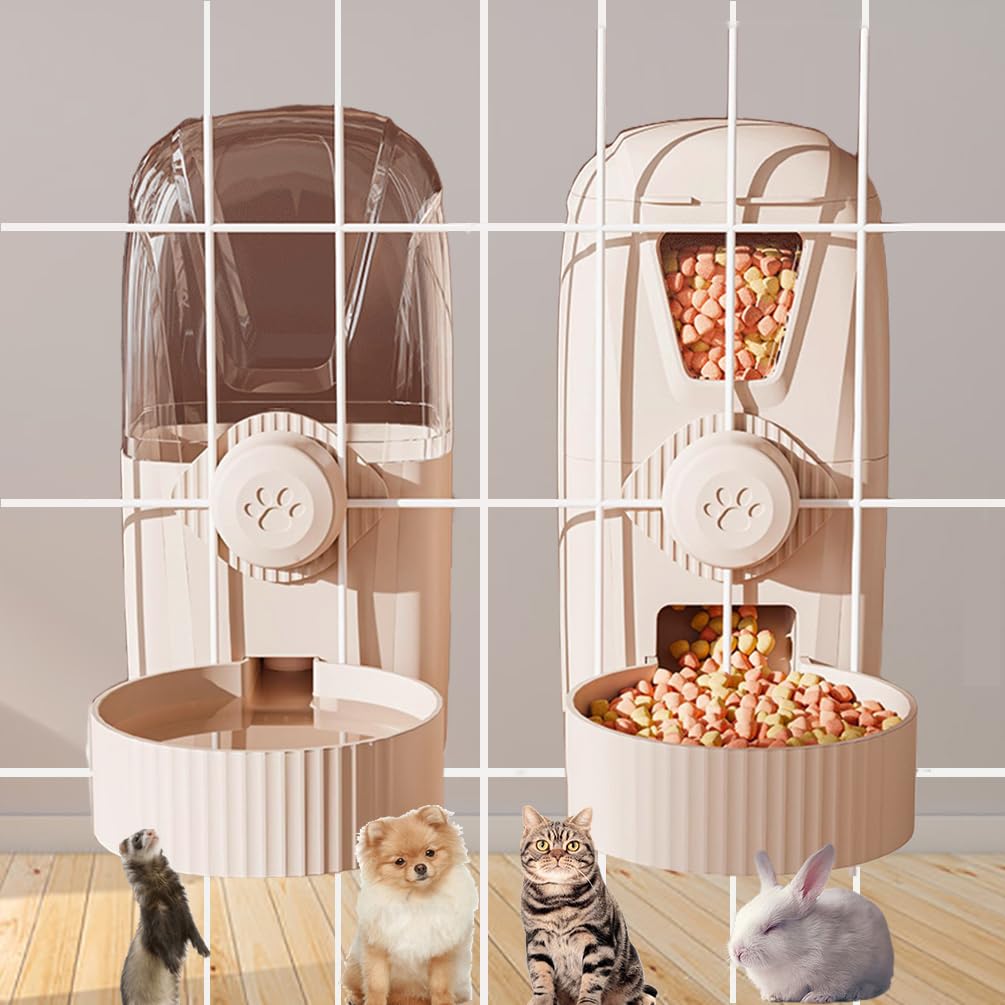 Cdycam Hanging Cage Automatic Pet Food Water Dispenser 34oz, Large Capacity Feeder Gravity Refill Food and Siphon Suction Water 