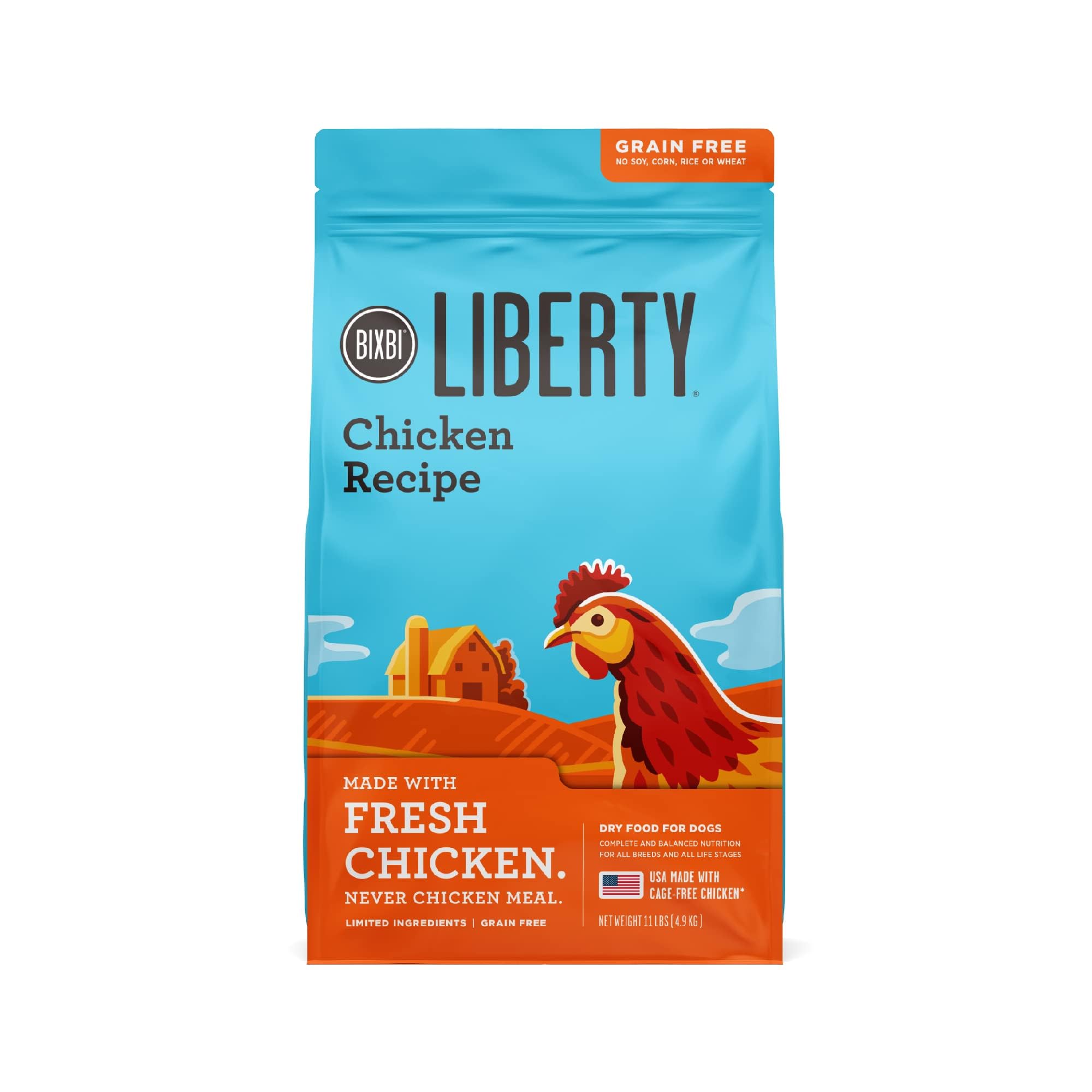 BIXBI Liberty Grain Free Dry Dog Food, Chicken Recipe, 11 lbs - Fresh Meat, No Meat Meal, No Fillers - Gently Steamed & Cooked -