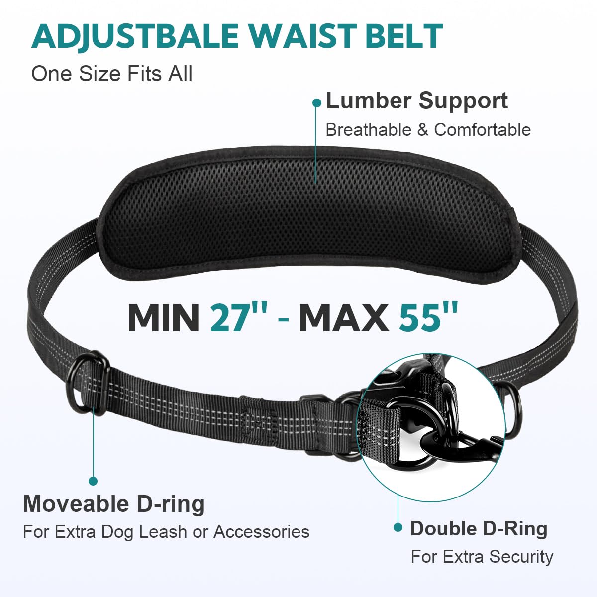 Yicostar Hands-Free Dog Leash with Pouch, Retractable Bungee, Double Padded Handles, Black/Grey, for Medium & Large Dogs