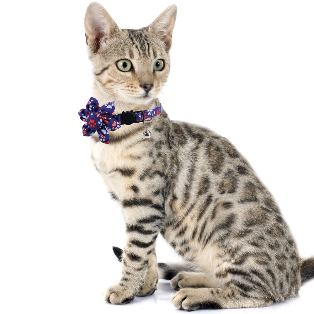 American Flag Cat Collar With Bell Sunflower Star Adjustable 4Th Of July Breakaway Kitten For Independence Day