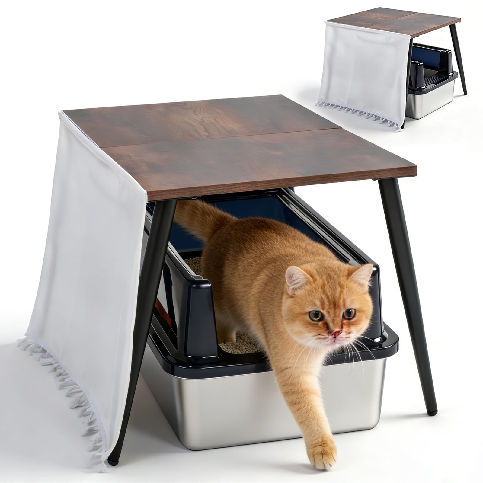 VIE DE AMAN Stainless Steel Cat Litter Box XL with Hidden Cat Litter Box Enclosure Furniture, High Sided Leak-Proof Metal Litter