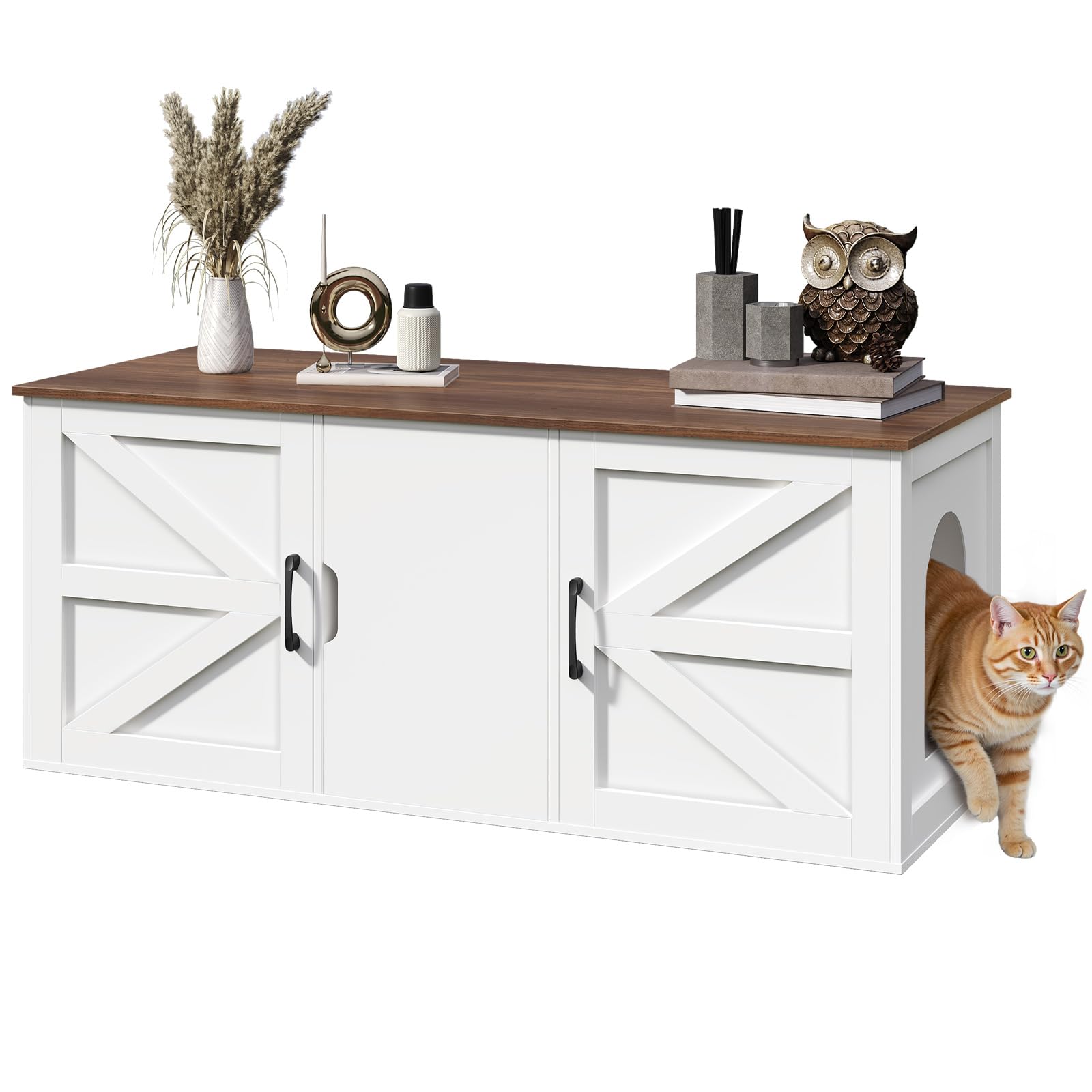 MAHANCRIS Cat Litter Box Enclosure for 2 Cats, 47.2 Hidden Cat Litter Box Furniture with Double Rooms, Wooden Litter Box Furnitu