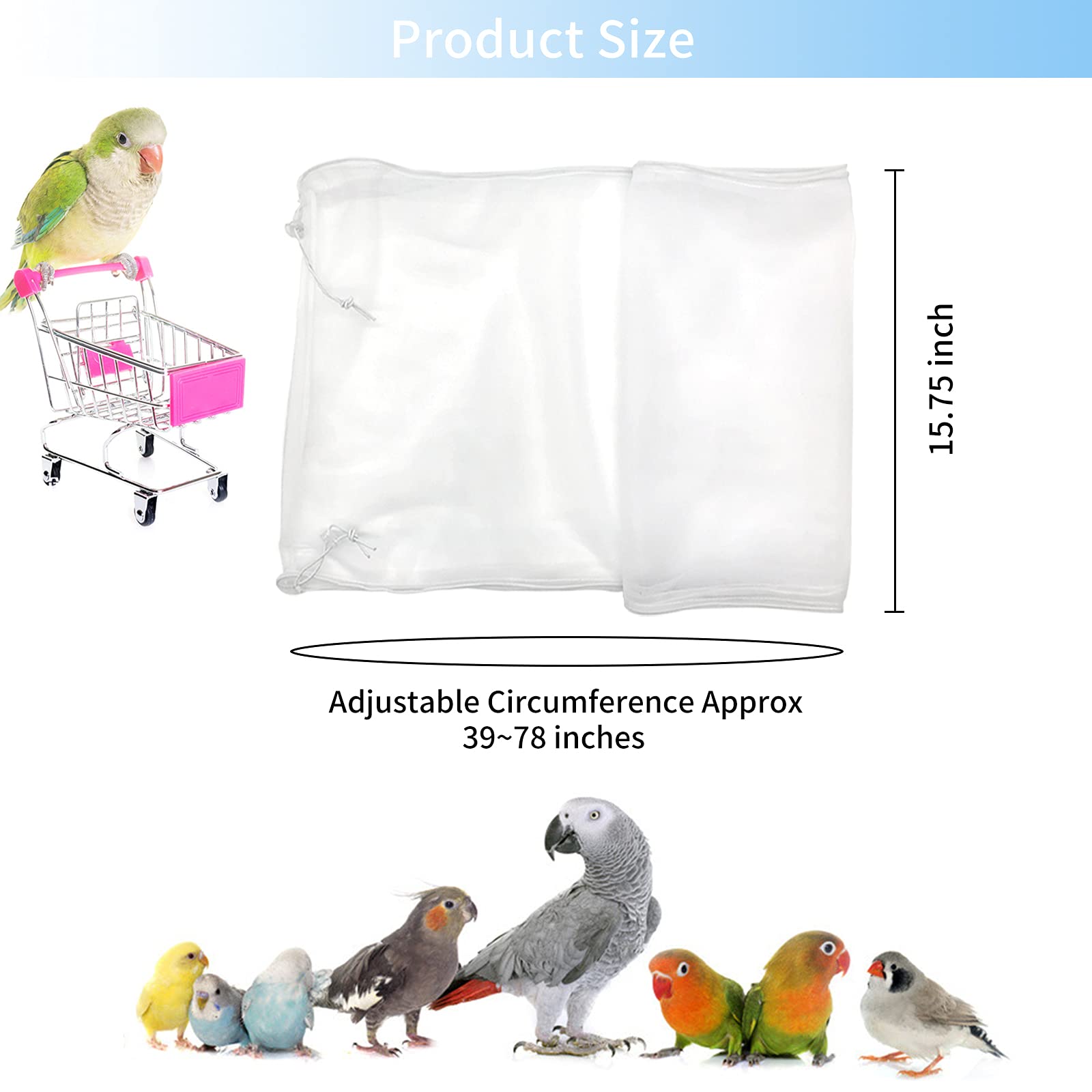Daoeny Universal Bird Cage Cover, Adjustable Parrot Nylon Airy Soft Mesh Net, Seed Feather Catcher, Birdcage Cover Skirt Sheer Guard For Parakeet Macaw Round Square Cages (White)
