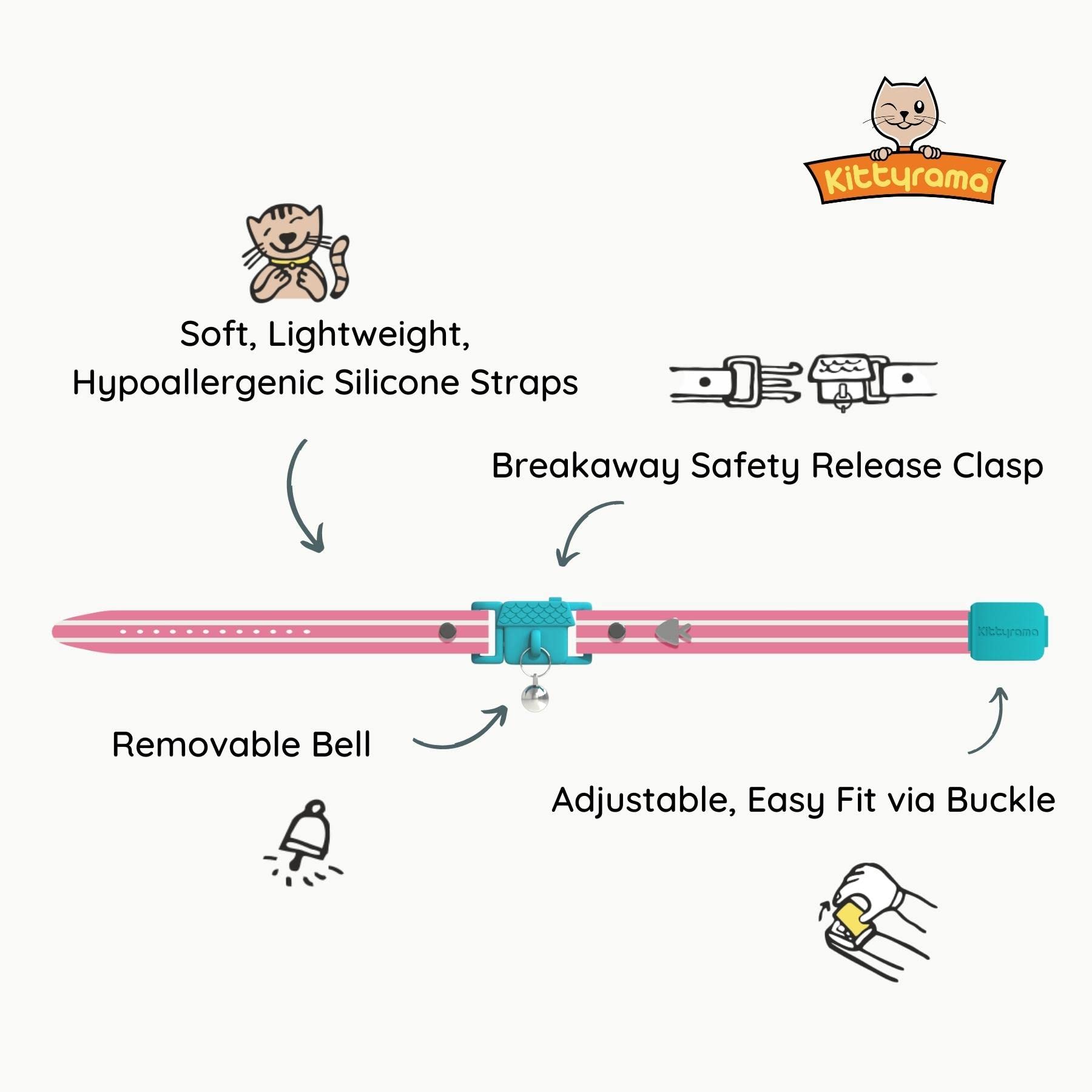 Kittyrama Bermuda Cat Collar With Bell. Cat Friendly Award Winner. Approved By Vets And Cat Experts. Breakaway Cat Collars Quick