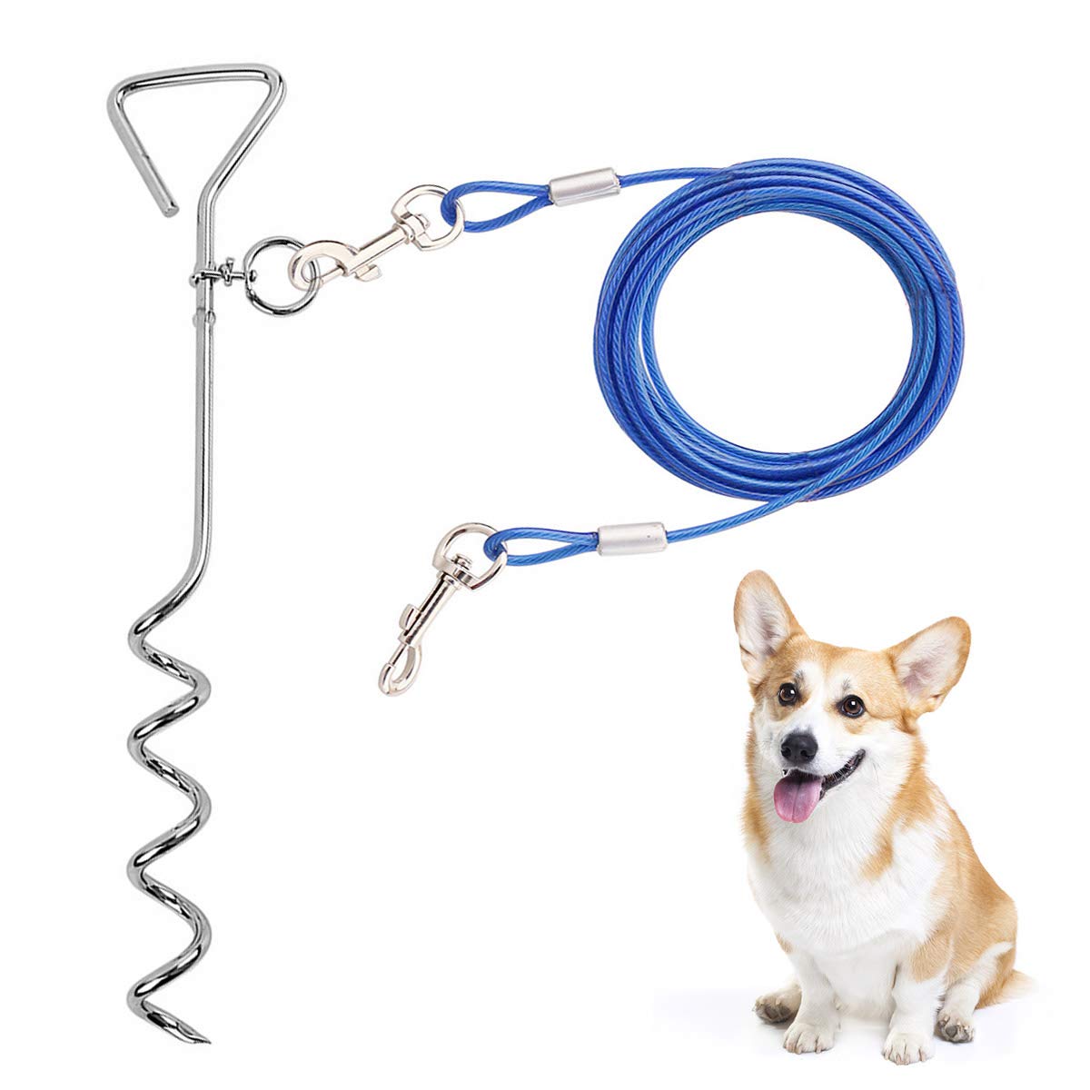 Clkhowl Dog Stake Tie Out Cable - 16/30'' Anti Rust Reflective Stake For Medium Large Dogs Up To 125 Lbs, Dog Cable Runner And M