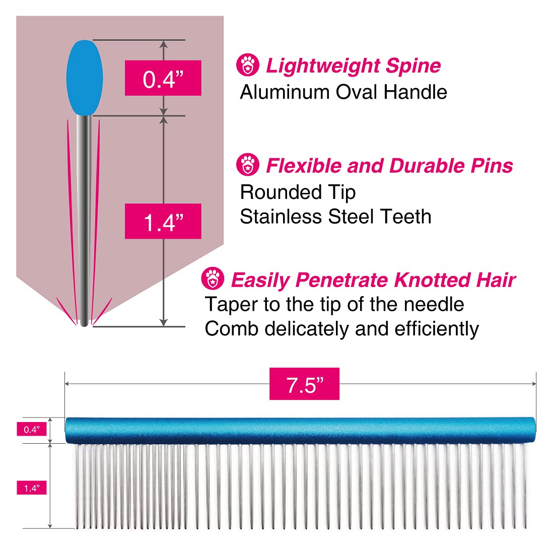 Claw Claws Greyhound Comb With Oval Handle For Dogs And Cats, Removing And Shedding Matted, Tangled Hair, Metal Comb With Stainless Steel Pins, Detangling Grooming Tool, Pet Comb (20% Fine Spacing)…
