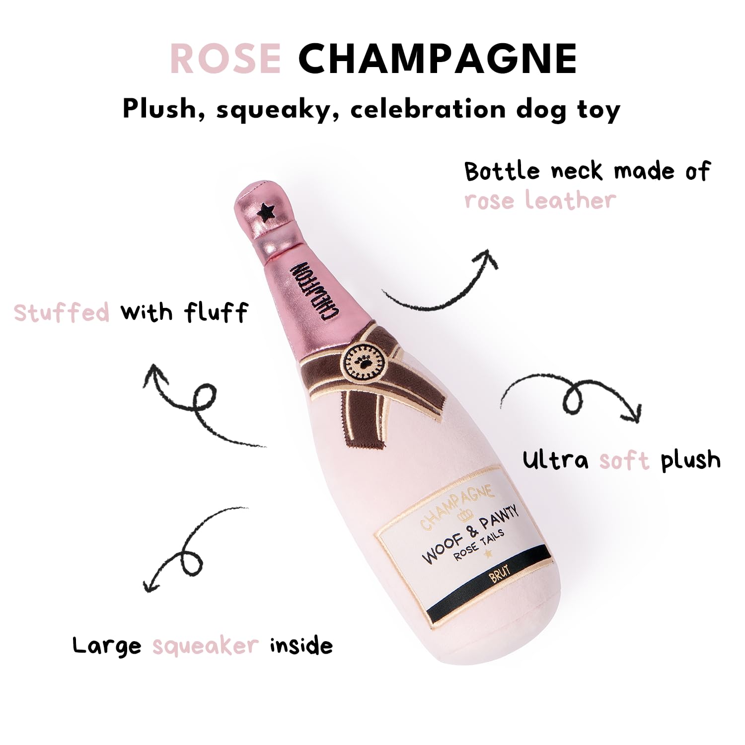 Chewffon Dog Toy, Squeaky Dog Toys For Boredom, Plush Pet Present Chew Toy For All Breeds Dogs, Pink Champagne Shape Interactive