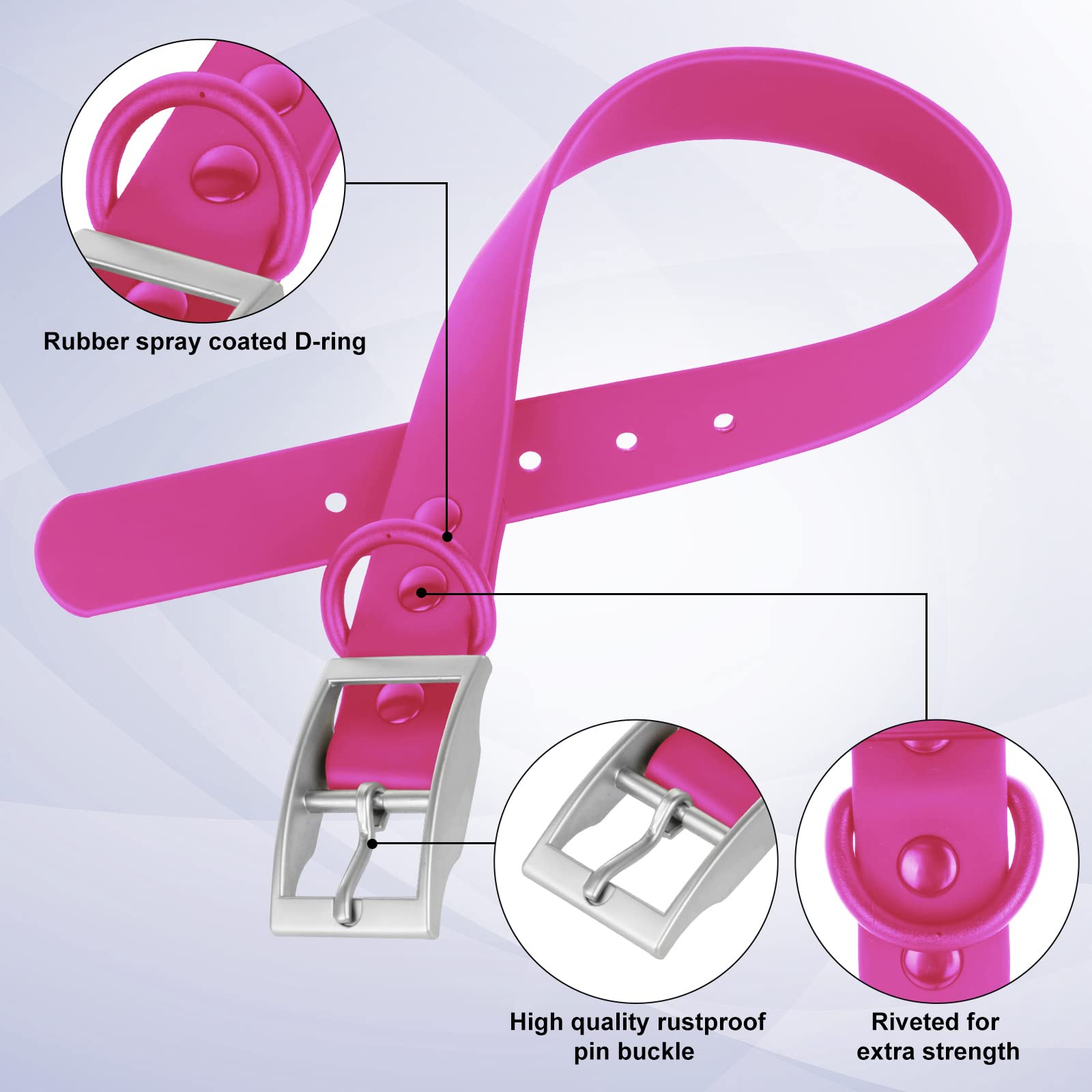 Wisedog Waterproof Dog Collar: Multiple Adjust 8.5” To 32.6”, Soft Rubber Coated Webbing, Easy To Clean, For Small Medium Large Dogs (L(Length:15'-19'; Width:1'), Rose Violet)