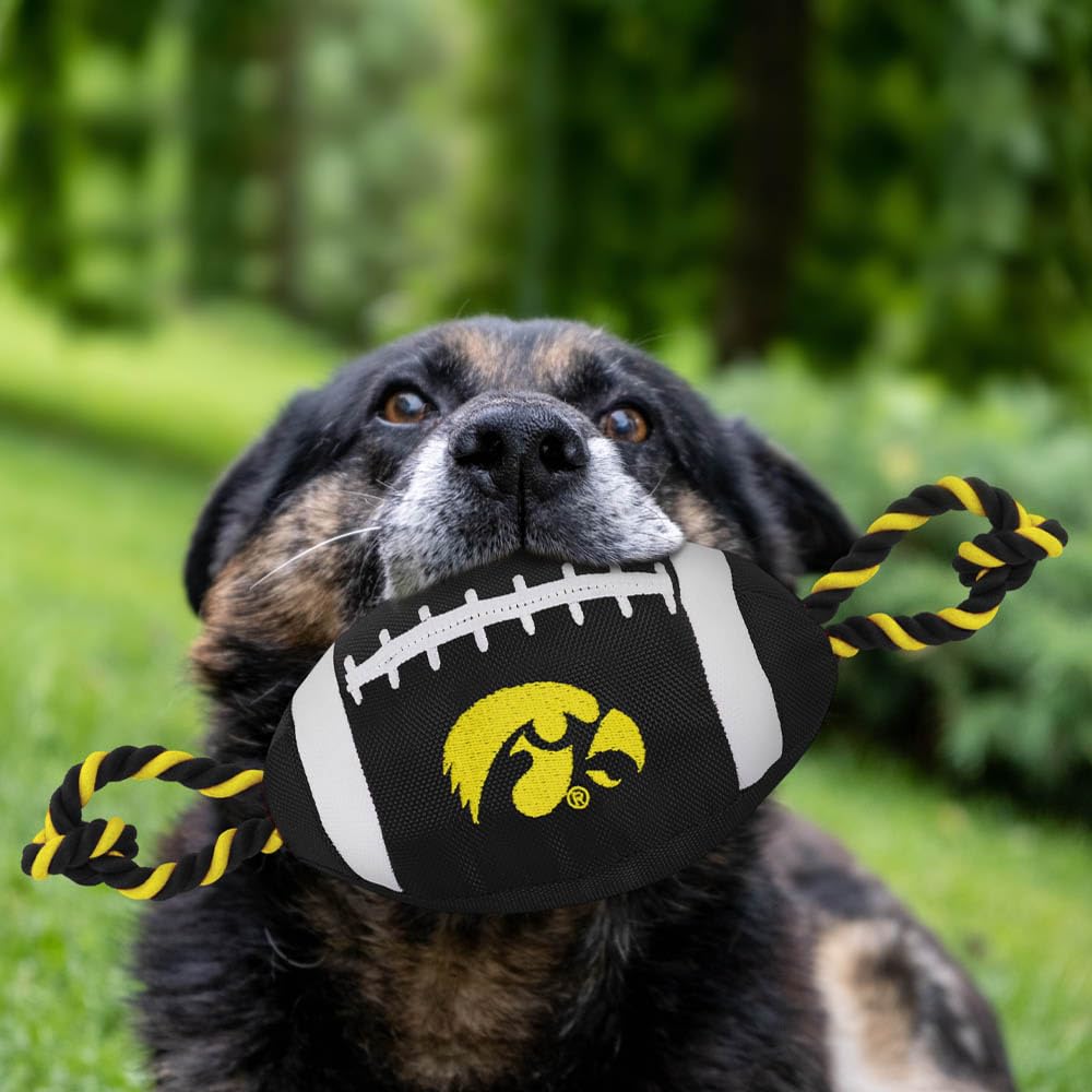 Pets First NCAA Iowa Hawkeyes Football Dog Toy, Tough Quality Nylon Materials, Strong Pull Ropes, Inner Squeaker, Collegiate Tea
