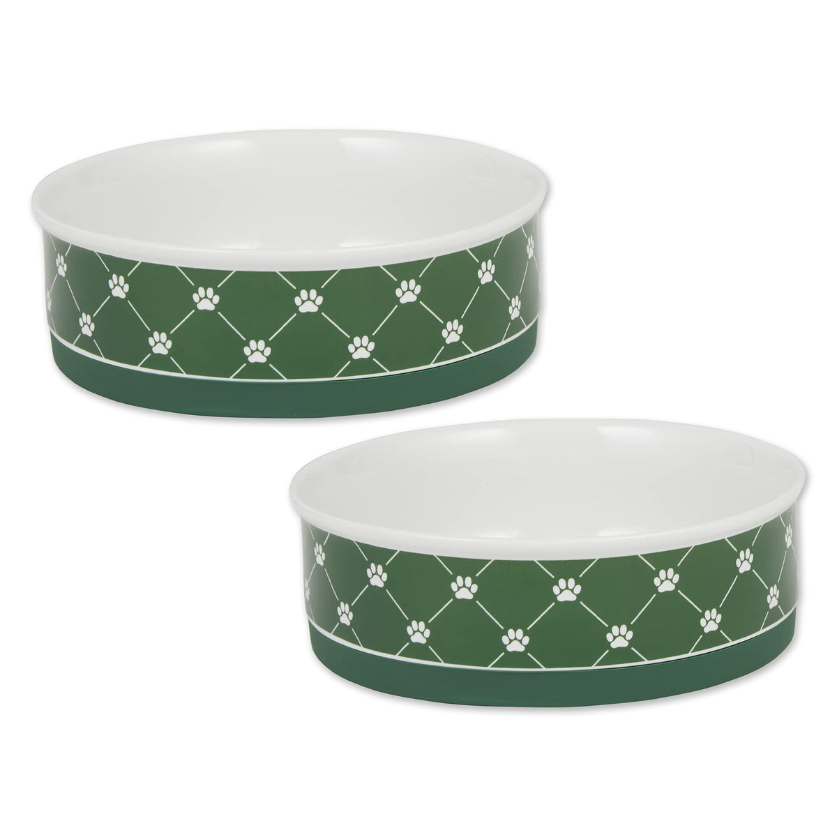 Bone Dry Trellis Paw Print Pet Bowl Set Microwave & Dishwasher Safe, Non-Slip Silicone Bottom for Less Mess, Large 7.5x2.4, Hunter Green, 2 Count