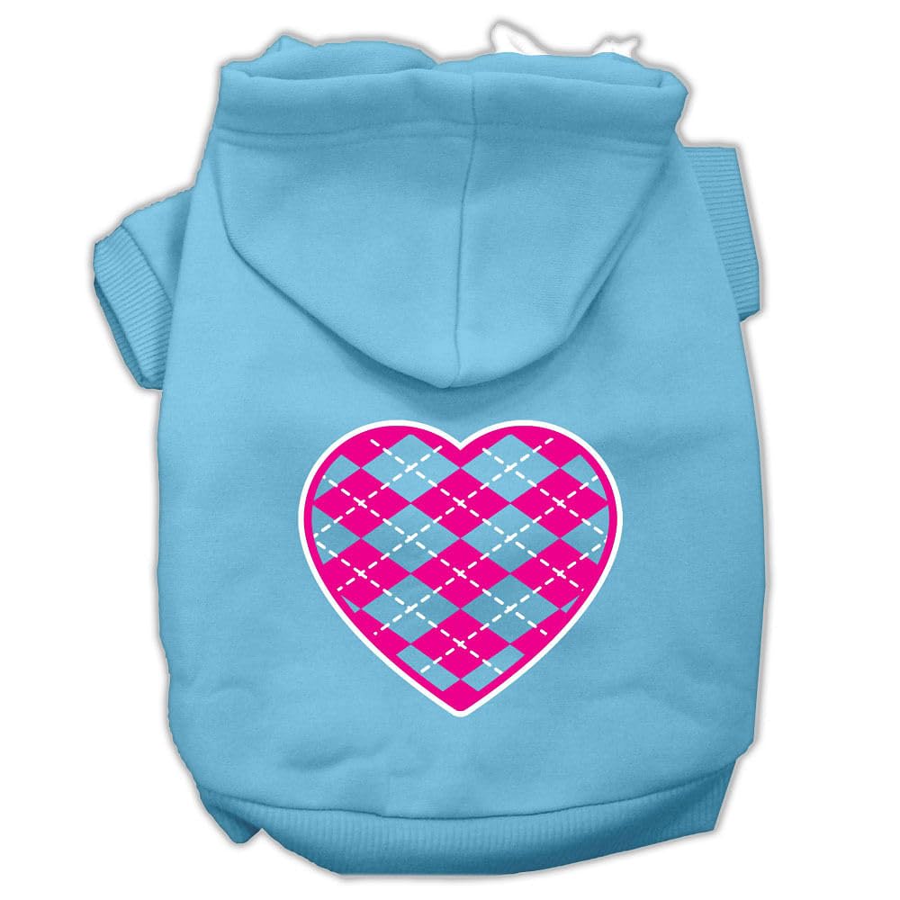 Pet Dog & Cat Hoodie Screen Printed, 'Pink Argyle Heart' Baby Blue 3Xl (25-35 Lbs.)