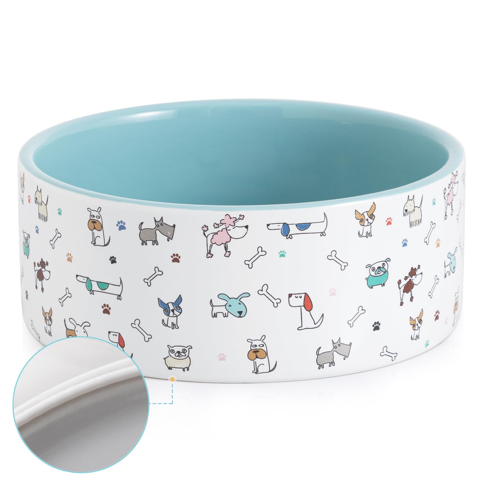 Fun Elements Ceramic Dog Bowls - Large, 64 Fl Oz Heavy Duty, Adorable Dog Patterns (Large, Blue)