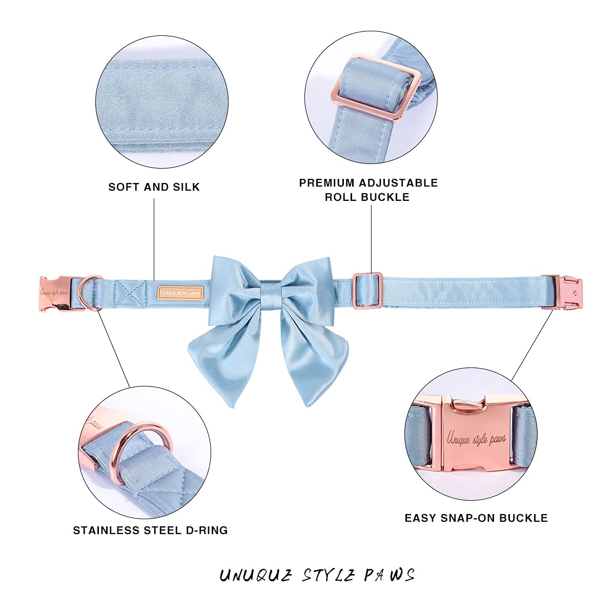 Unique Style Paws Silk Blue Color Dog Collar Adjustable Durable Dog Collar With Bow Wedding Bow Tie Dog Collar For X-Small Puppy And Cats