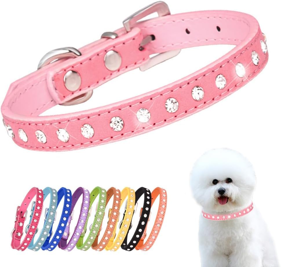 Haoyueer Cute Dazzling Sparkling Elegant Fancy Suede Leather 1 Rows Bling Rhinestone Crystal Jeweled Small Pet Cat Dog Puppy Collar(Pink,S)