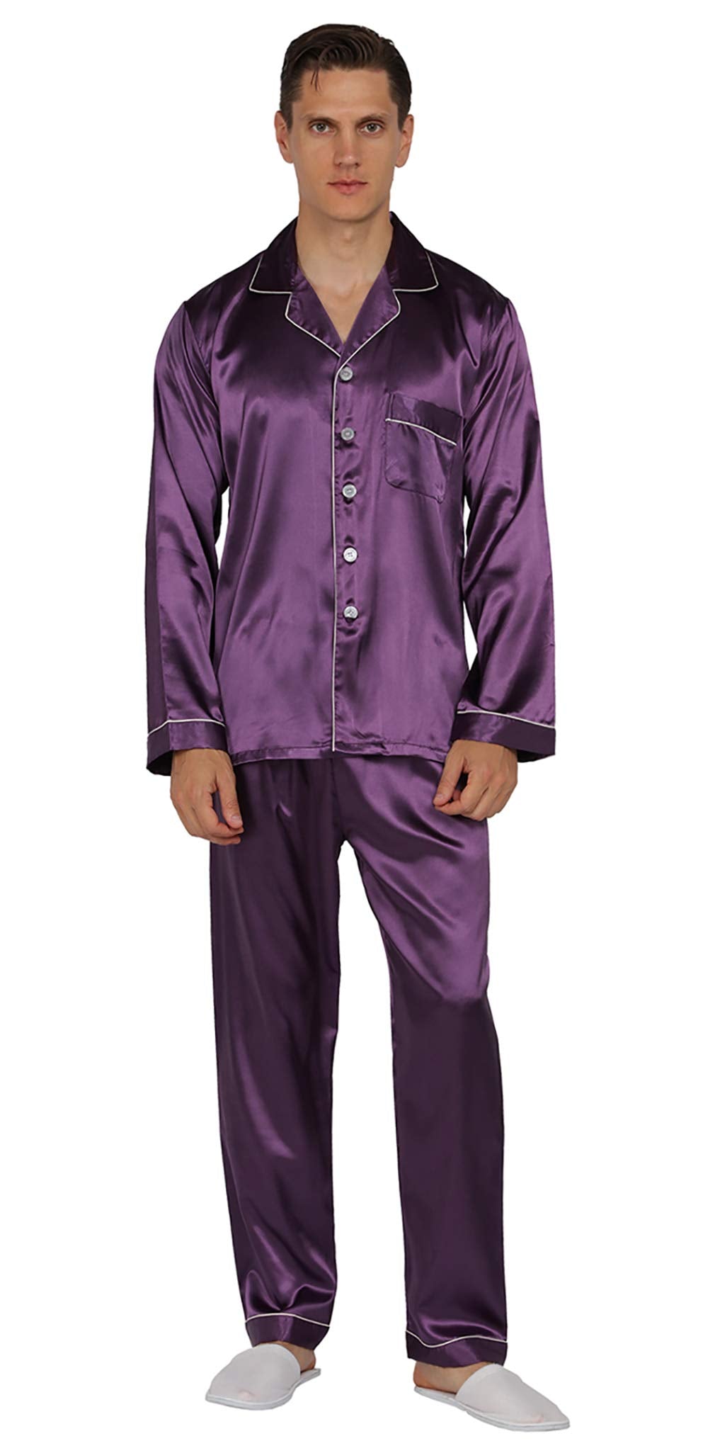 Yimanie Mens Satin Pajamas Set Classic Sleepwear Loungewear Purple
