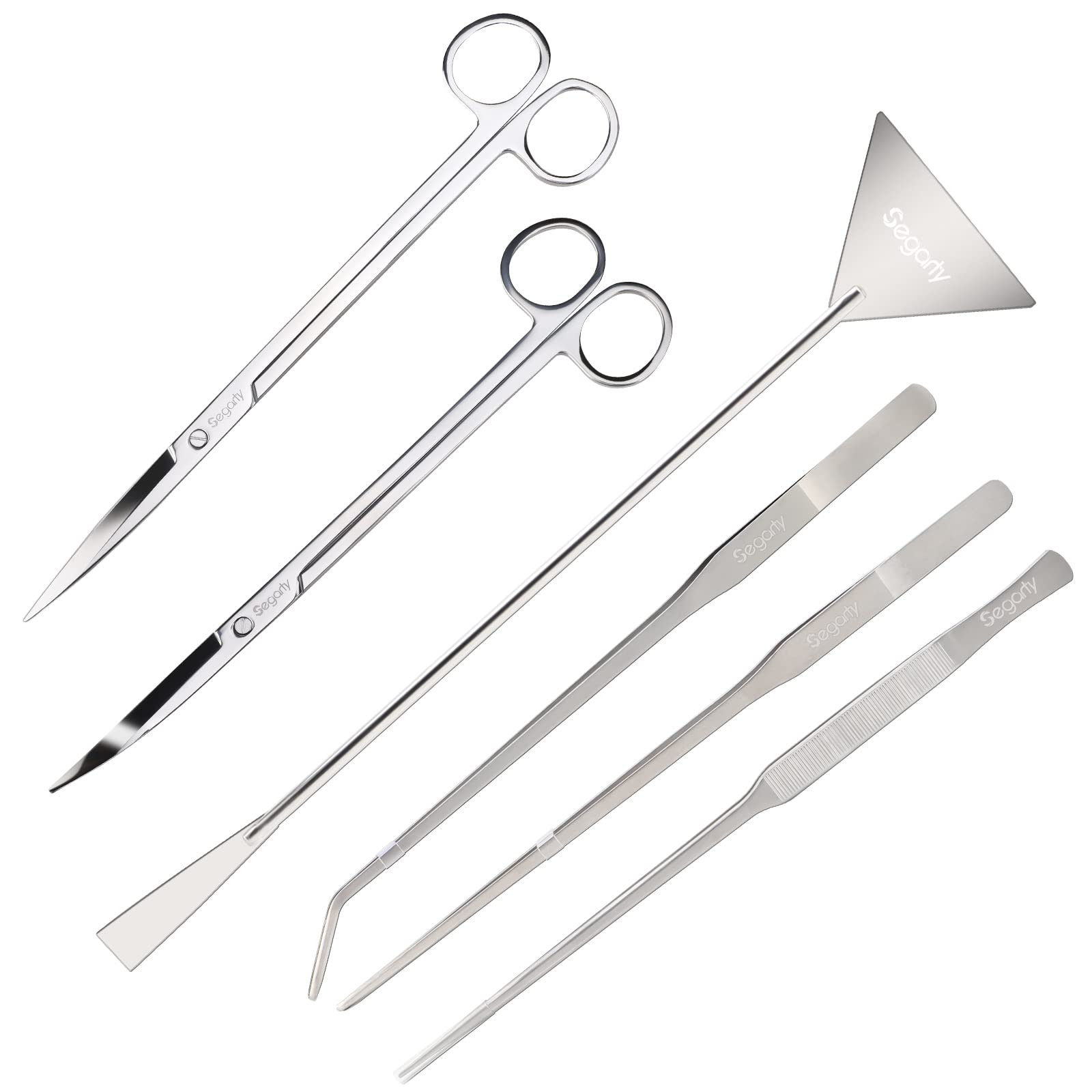 Segarty Aquarium Aquascaping Tools, 6 In 1 Stainless Steel Silver Aquascaping Tools Kit For Aquatic Plant Fish Tank, Long Scrapers Spatula Feeding Tweezers Curved Straight Scissors Aquarium Tools