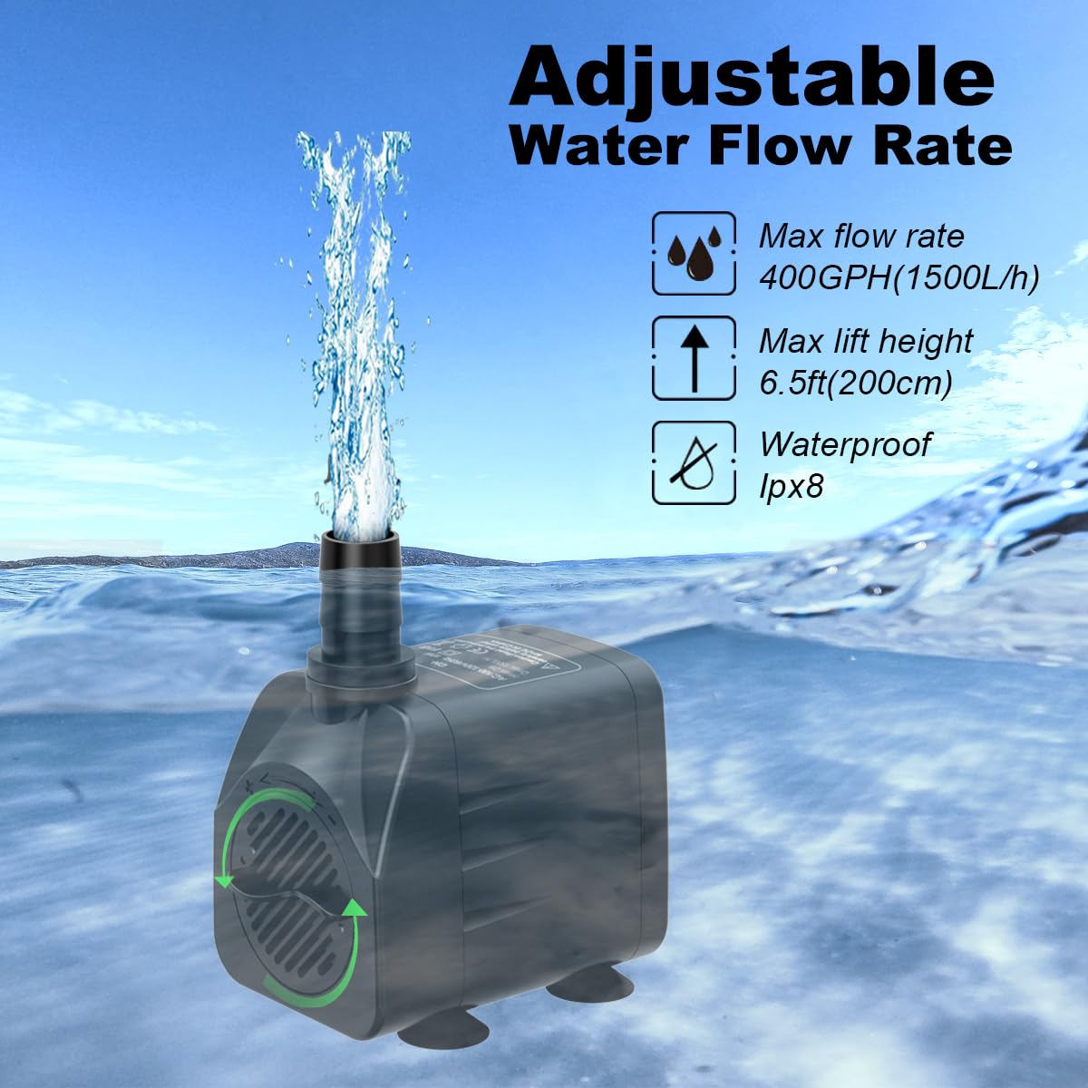 Fountain Pump 400GPH Submersible Water Pump Ultra Quiet for Fountain, Pond, Aquarium, Hydroponic with 10ft power cord