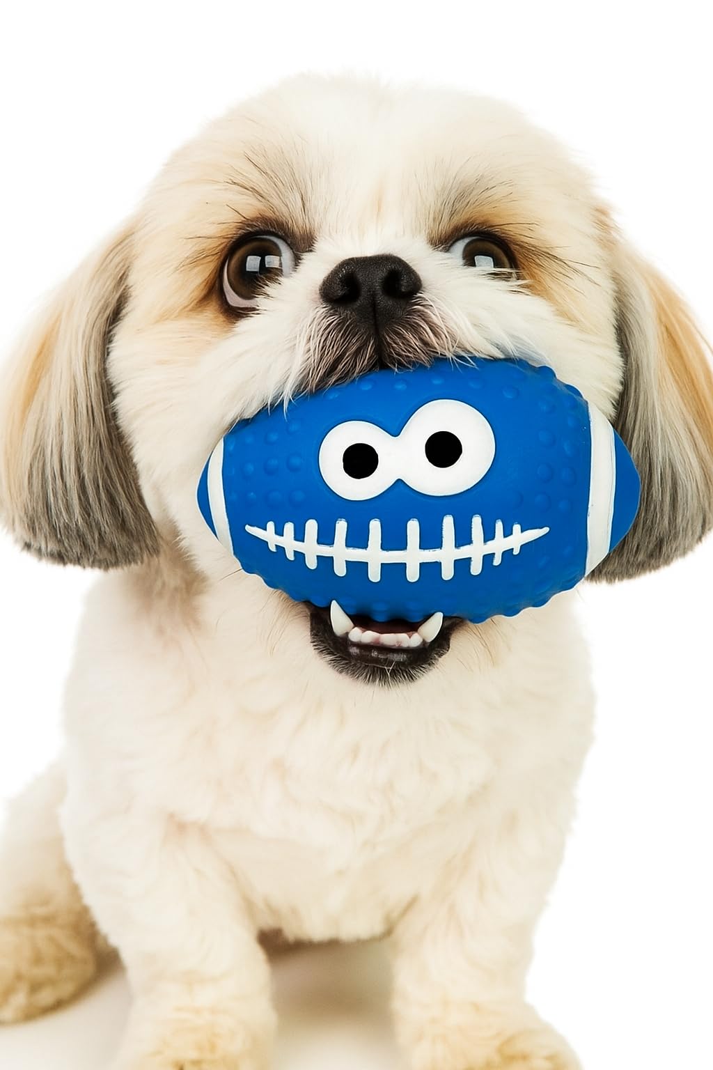 WAGGYTAILS Durable Squeaky Rubber Dog Toy  Blue Rugby Football Shape with Funny Face Design  Chew Toy Designed for Small,Mediu