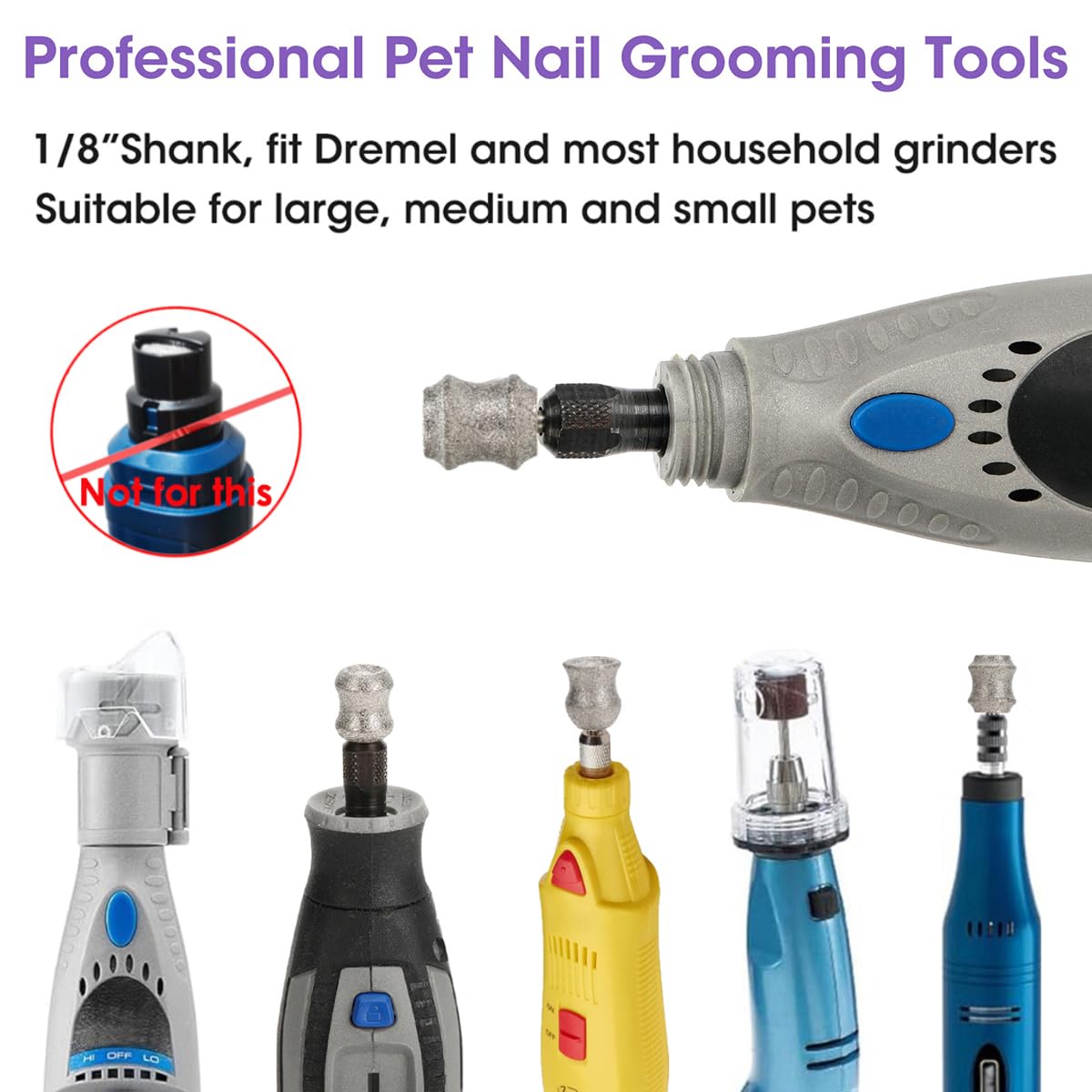 Asozeer Dog Nail Grinder Bits For Dremel - Diamond Dog Nail Grinder Attachment For Large Medium Small Dogs Nail Care - 1/8' Pai