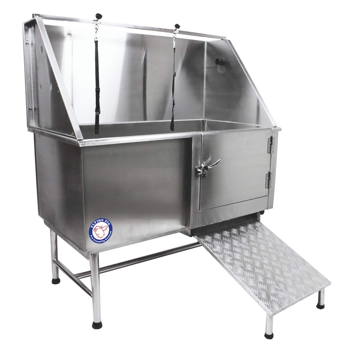 Flying Pig 50'' Stainless Steel Pet Dog Grooming Bath Tub With Walk-In Ramp & Accessories (Right Door/Left Drain)