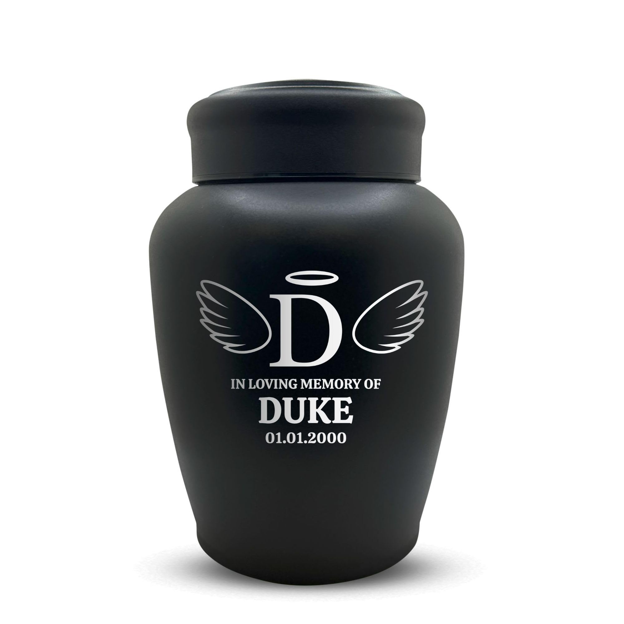 Custom Engraved Dog Urn - Stainless Steel, Black, Angel Pattern - Large Cremation Urns For Dogs Up To 150 Lbs With Airtight Clos