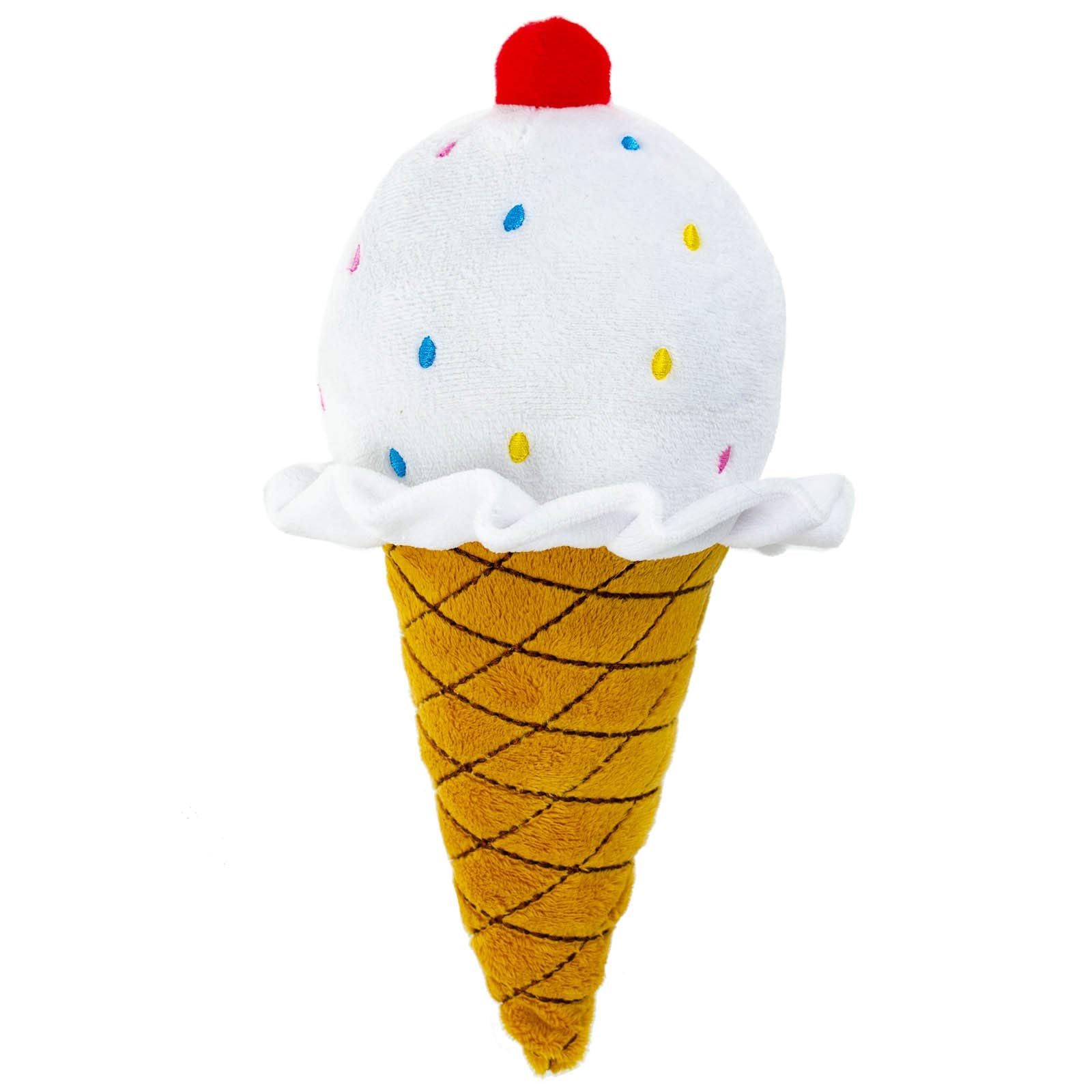 10 Inch Plush Pet Toy Vanilla Ice Cream Cone With Cherry On Top And Sprinkles With Squeaker Dog Chew Toy