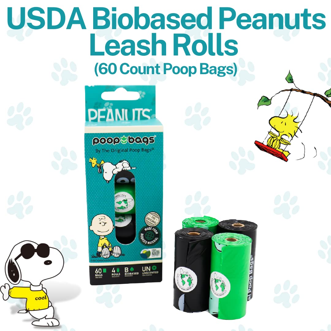 The Original Poop Bags Usda Biobased Pet Waste Bags - Peanuts Characters - Durable, Leak Resistant, 60 Count, Blk/Green