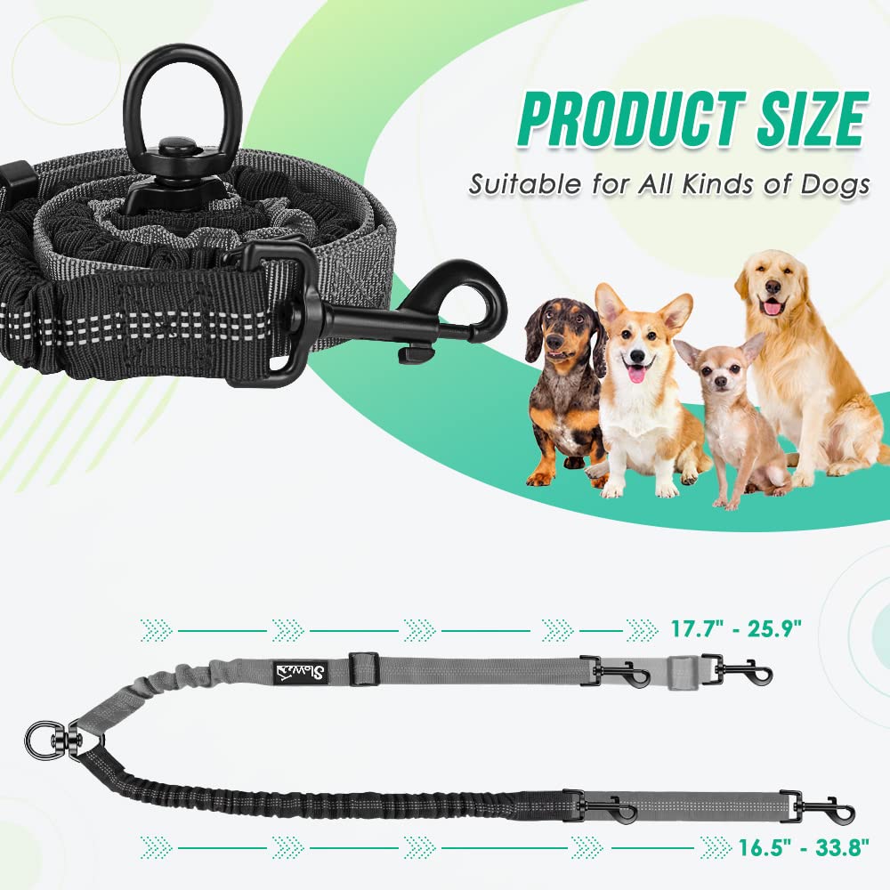 Autowt Two Dog Lead, 2 In 1 Upgraded Double Dog Leash Attachment Combine Adjustable Strap And Shock Absorbing Bungee No Tangle Dual Training Splitter For Medium Large Dogs (Black & Grey)