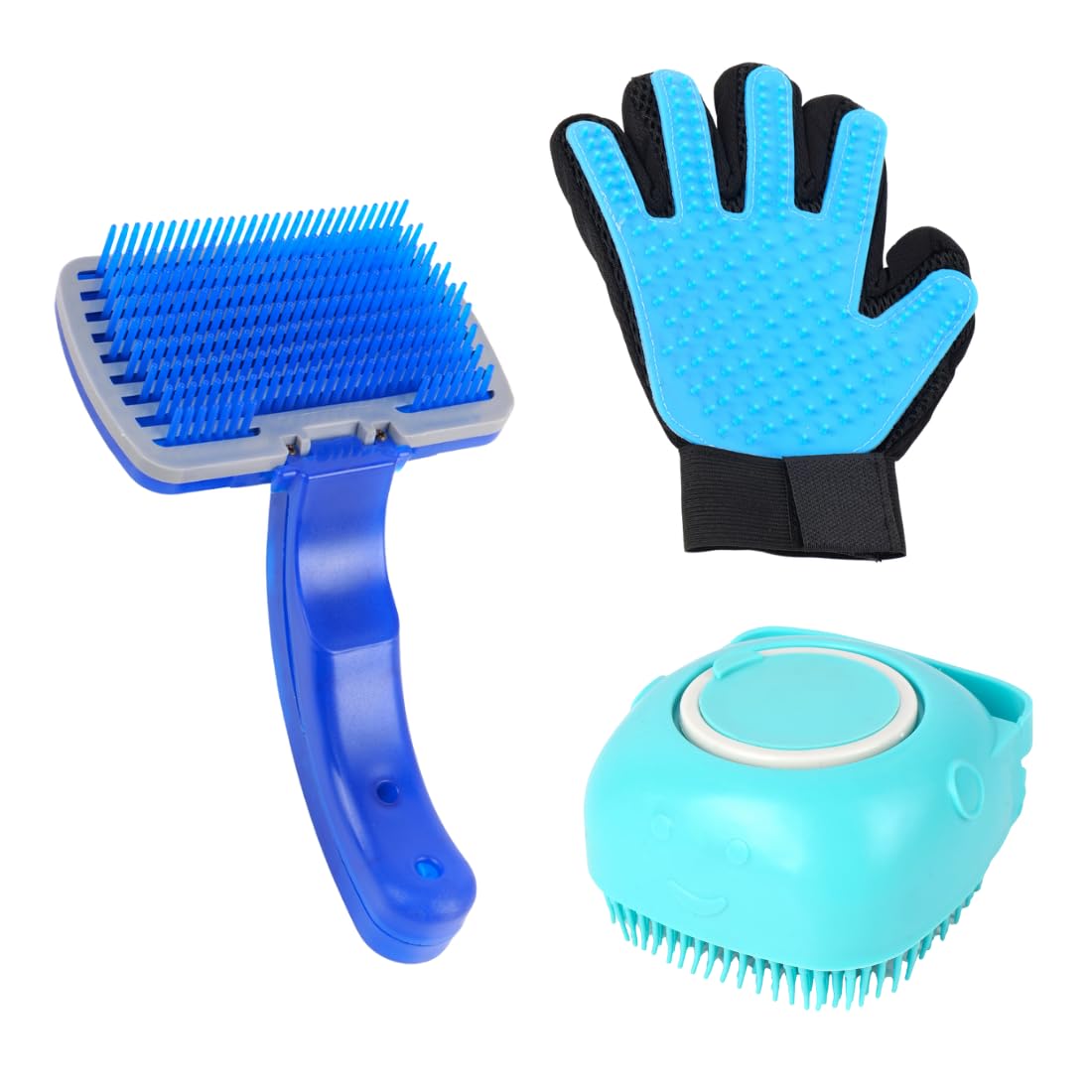 Pet Grooming Kit with SelfCleaning Brush, Professional Dog Brush Set with Deshedding Glove and Massage Brush, Blue and Black, 3