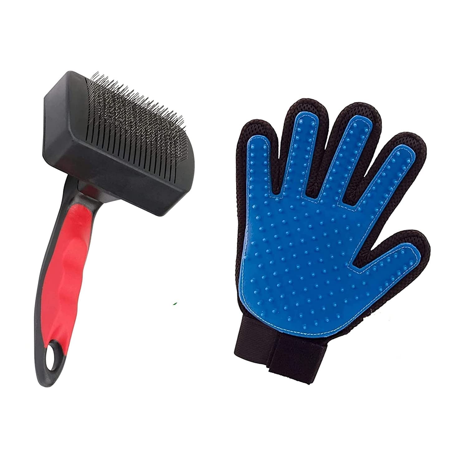 Psk Pet Mart Grooming&Deshedding Combo Pack Of Plastic Slicker Brush And Flea Comb (Color May Vary) (True Touch Gloves + RedBla