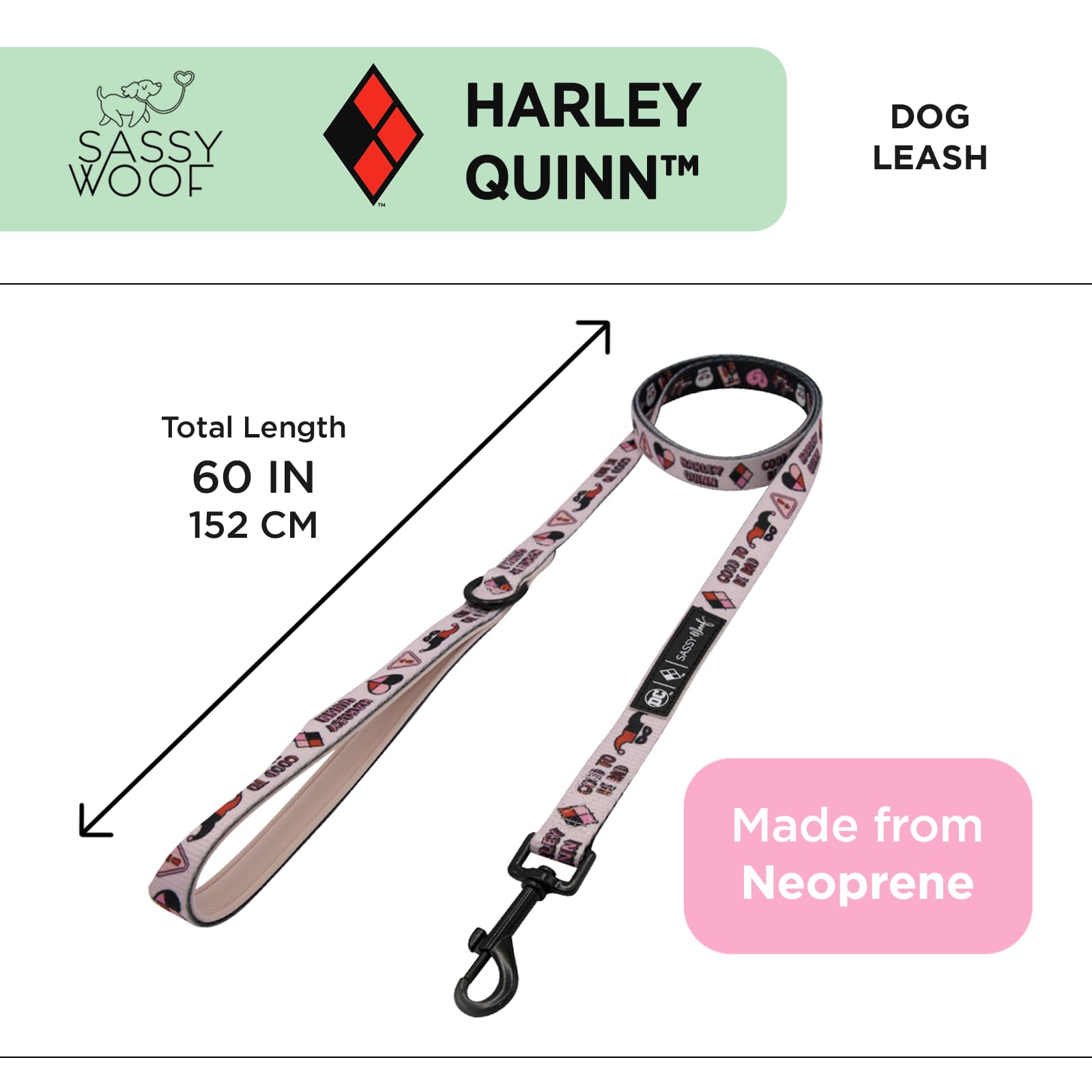 Sassy Woof Harley Quinn Dog Leash 60-Inch With Neoprene Padded Handle - Comfortable, Durable, And Stylish For Small To Large Dog